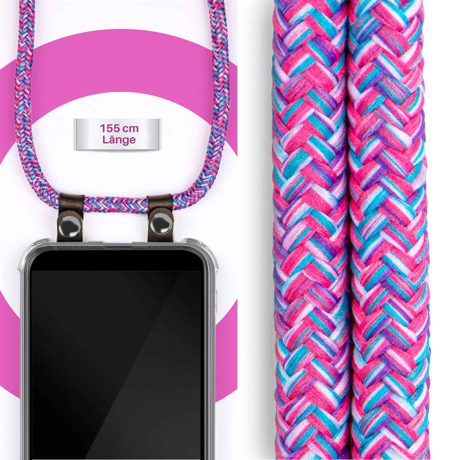 Ein Telefon mit einem bunten Riemen. Der Riemen ist blau, rosa und weiß.