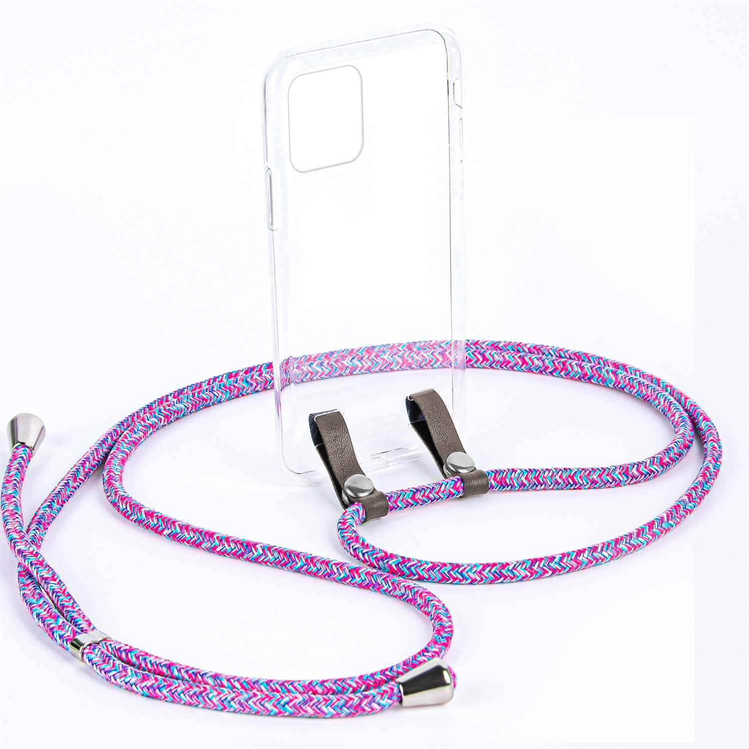 Handyhülle mit pink-blauem geflochtenem Lanyard. Hülle ist transparent.