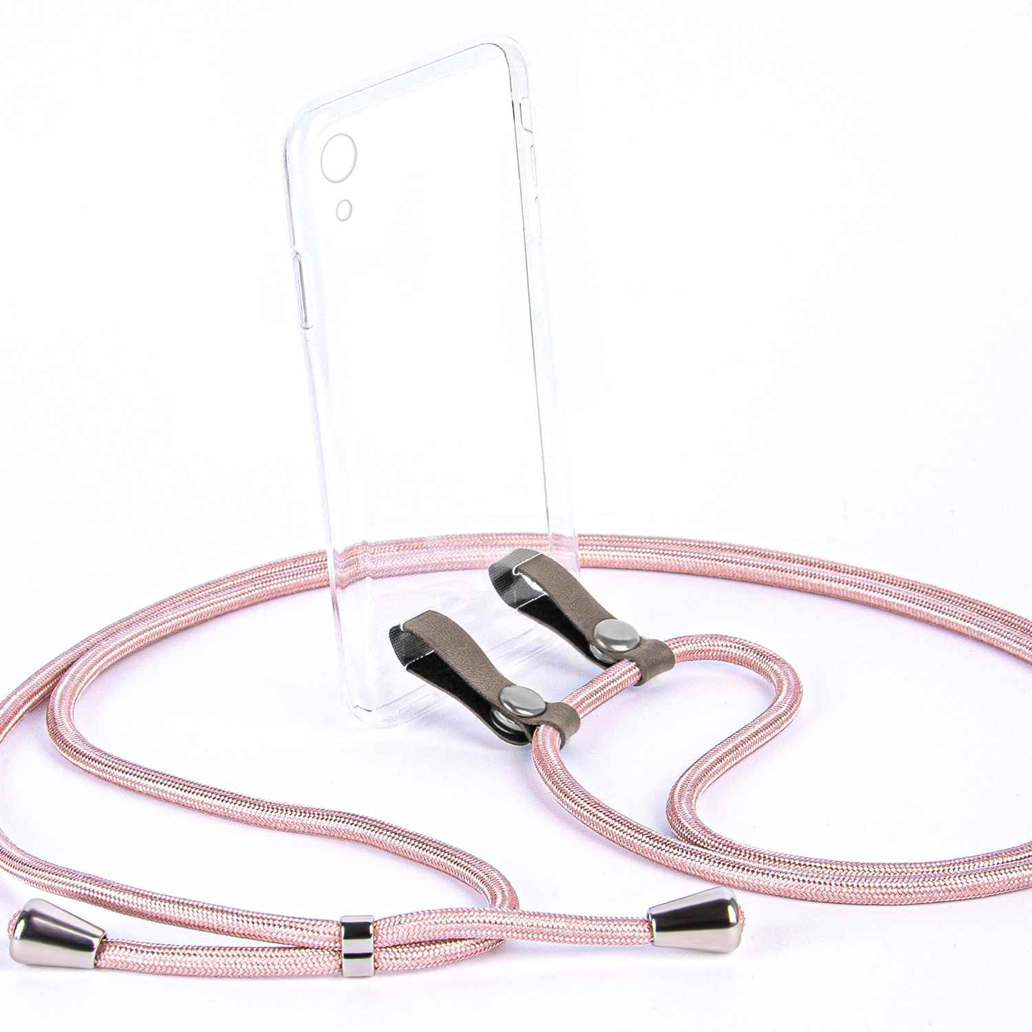 Telefon mit Riemen. Der Riemen ist hellrosa, mit einer durchsichtigen Handyhülle. Der Hintergrund ist weiß.