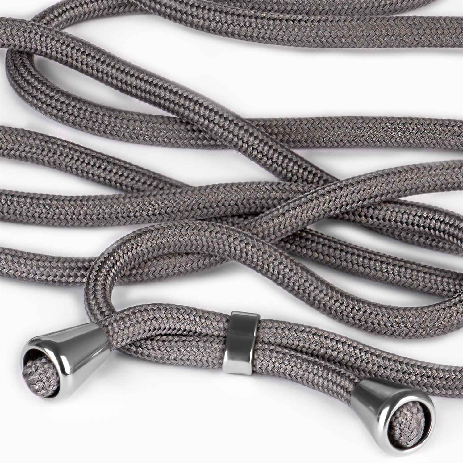 Telefon-Lanyard in Grau mit silbernen Metallenden und Schieber.