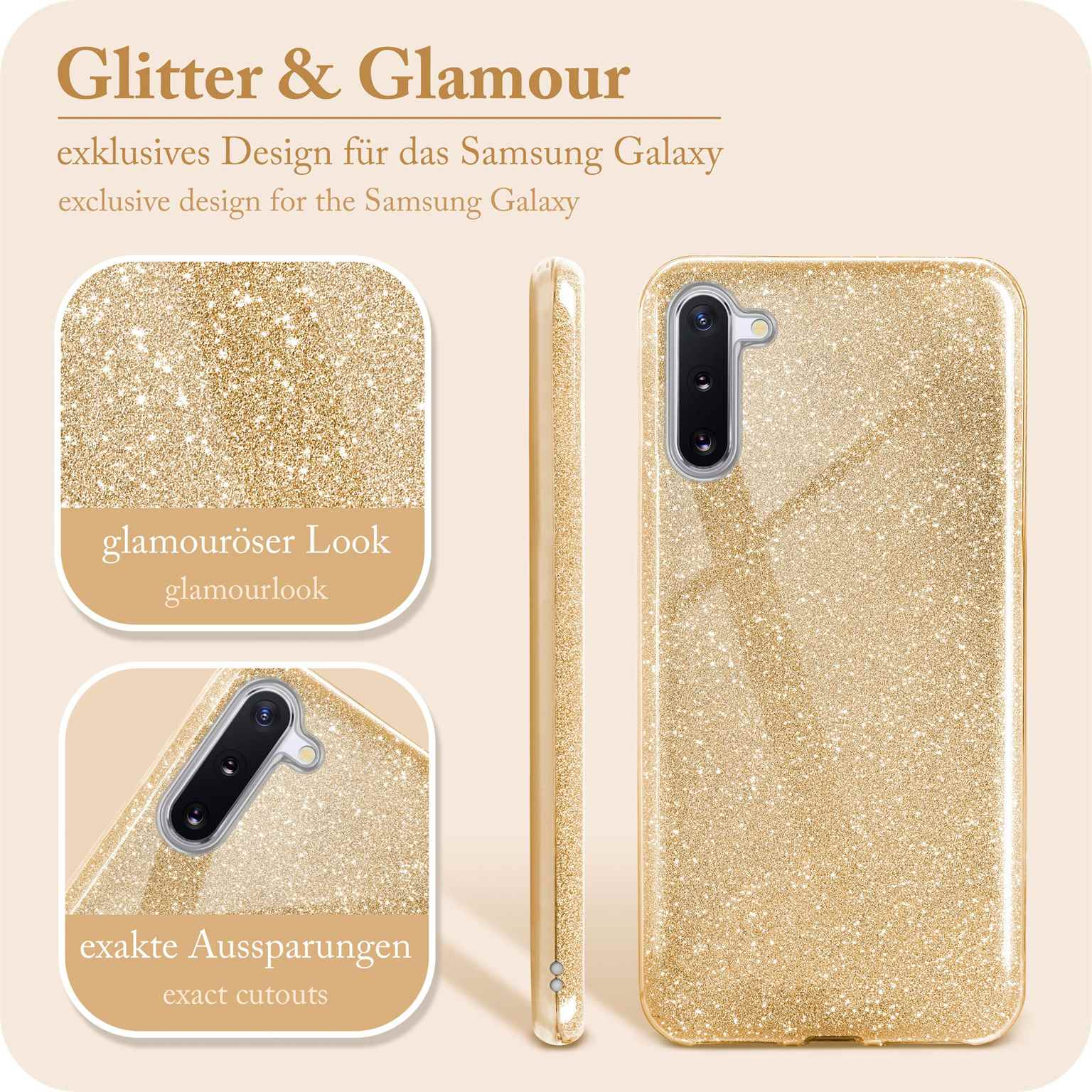 Goldglitzer-Handyhülle mit Text, Glamour-Look und exakten Aussparungen.
