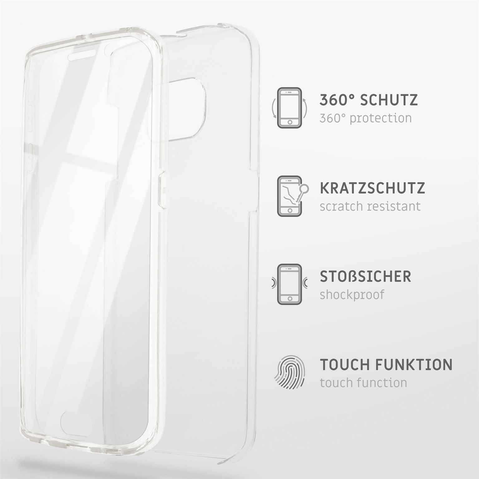 Eine transparente Handyhülle neben ihrer Verpackung. Es hat Schutz- und Touch-Funktionssymbole.