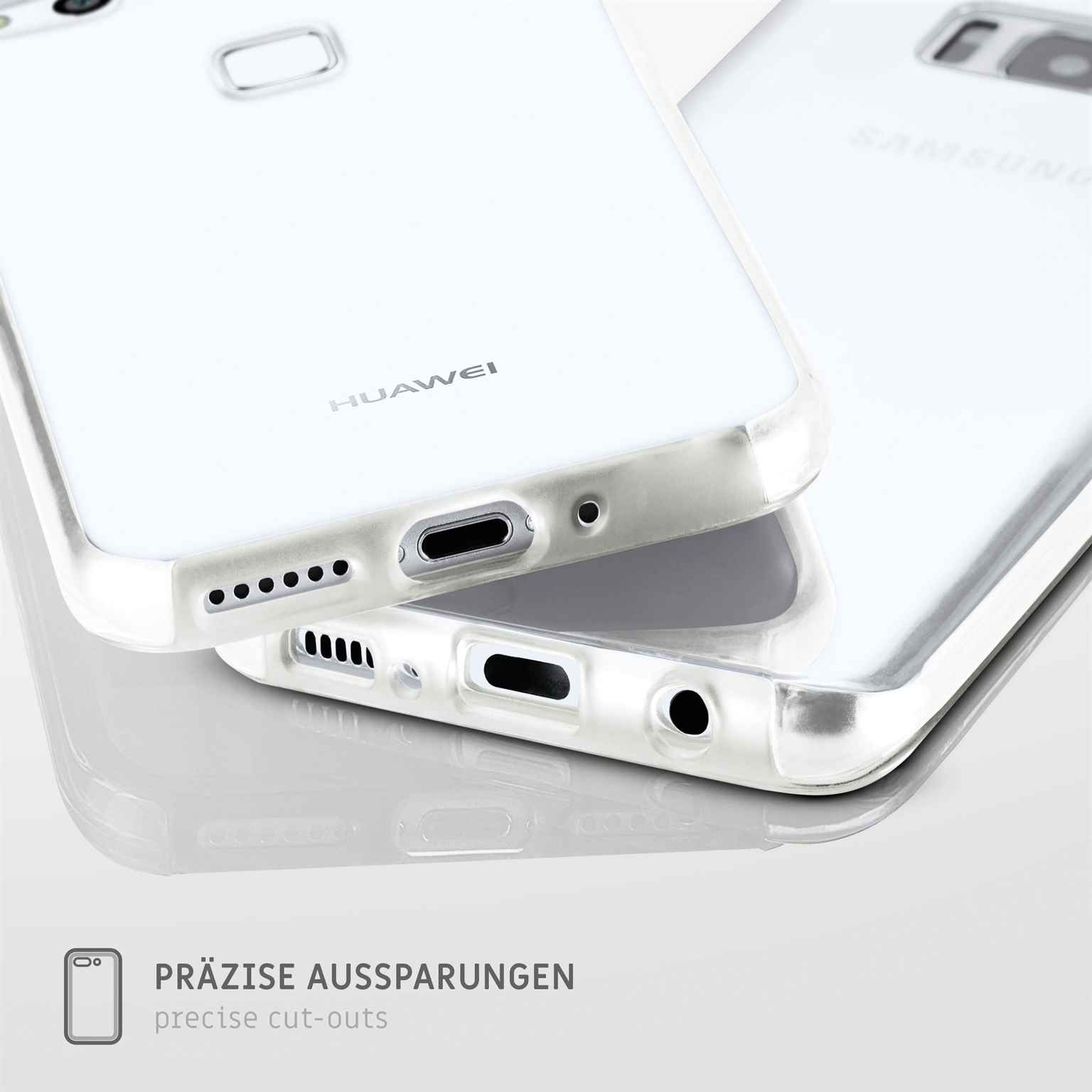 Zwei transparente Handyhüllen mit Text auf Deutsch. Weißer Hintergrund.