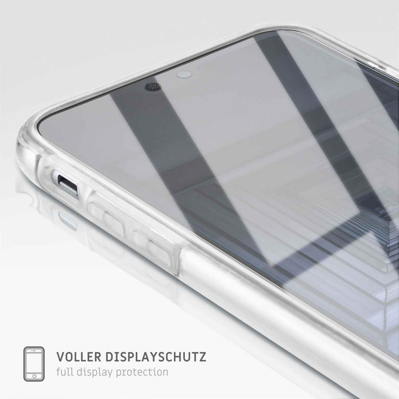 Transparente Handyhülle im Fokus. Text: Vollständiger Displayschutz. Weißer Hintergrund.
