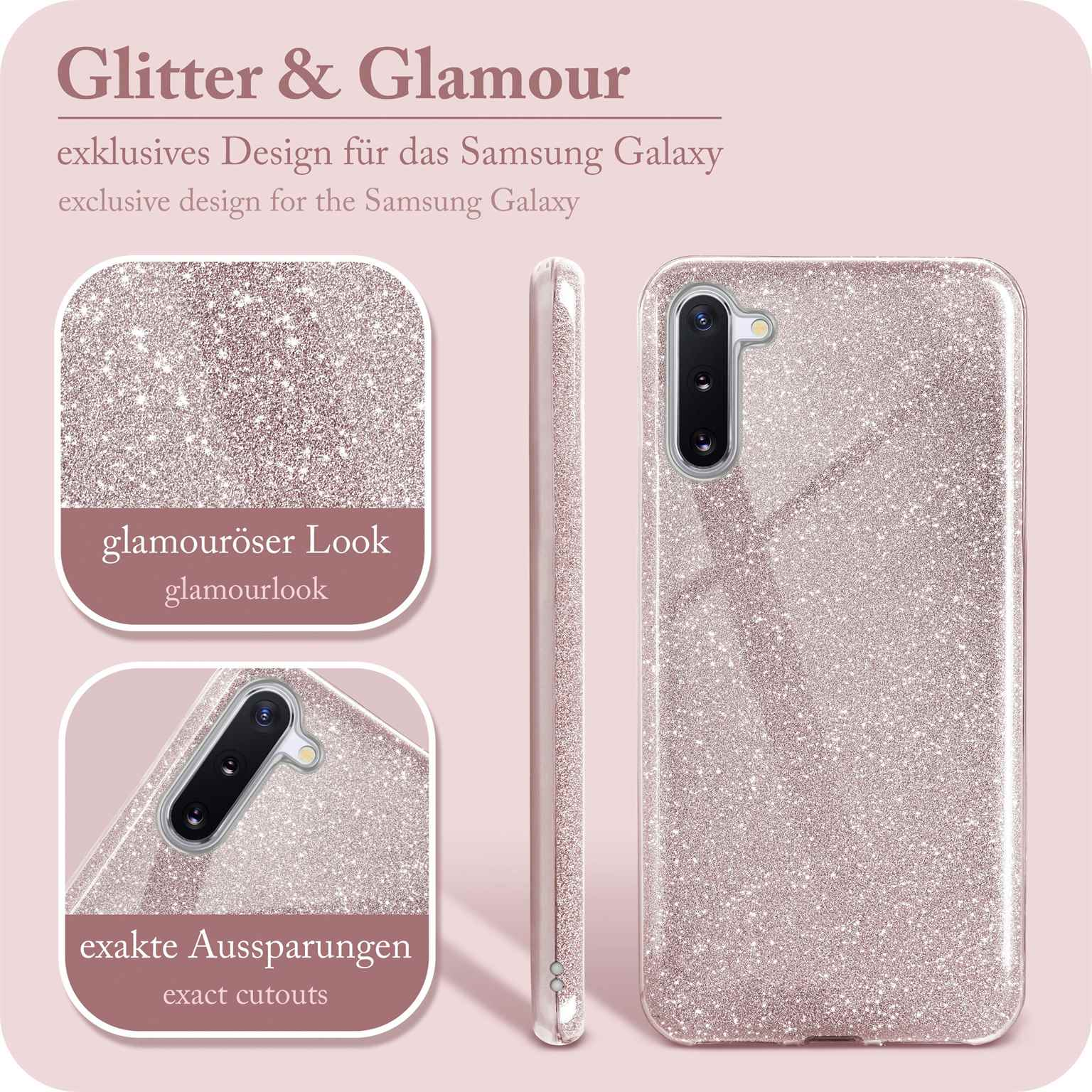 Eine Handyhülle mit Glitzer- und Glamour-Design, mit Text, der die Funktionen beschreibt.