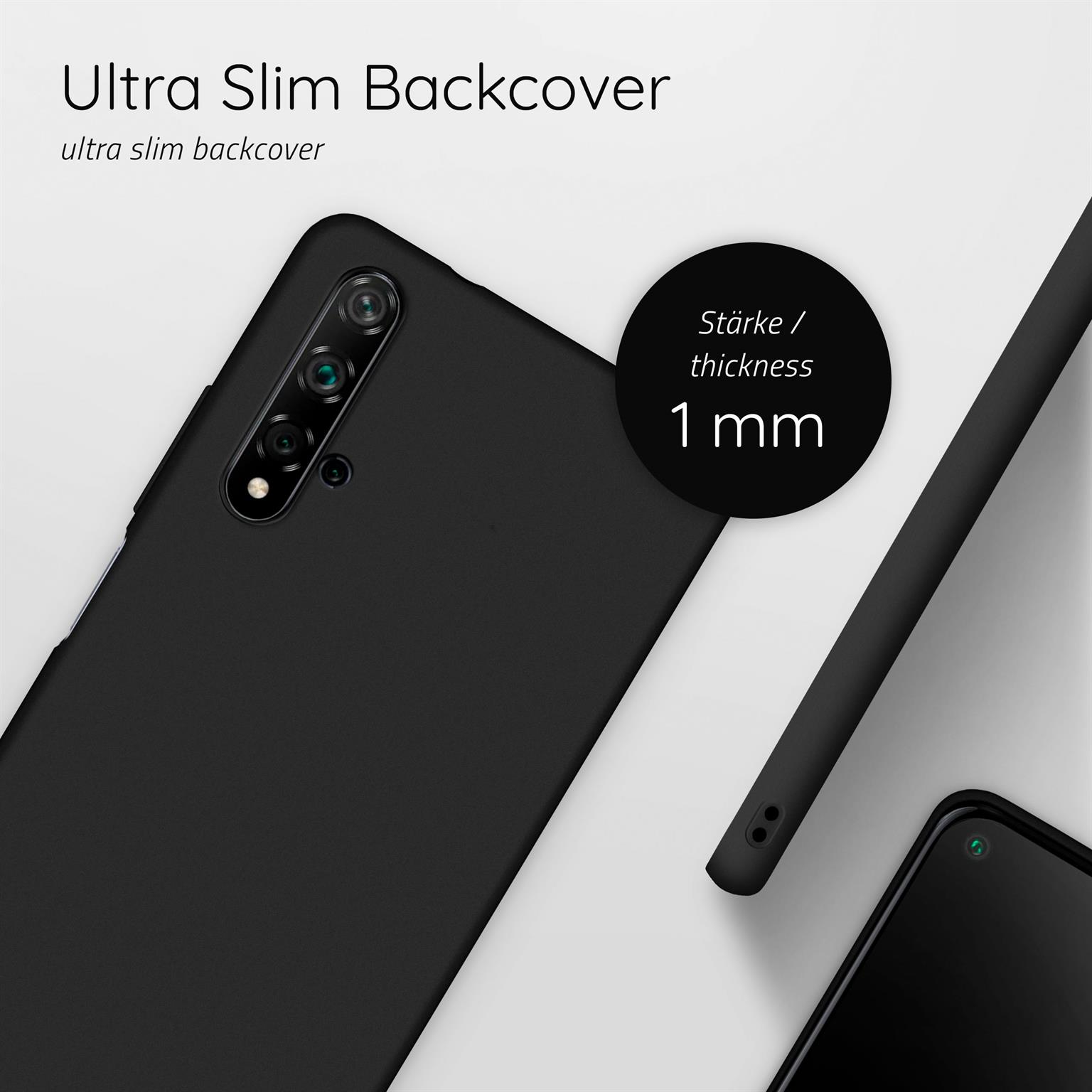 Schwarze Handy-Rückseite mit Kamera und Blitz. Text: Ultra Slim Backcover, Dicke 1mm.