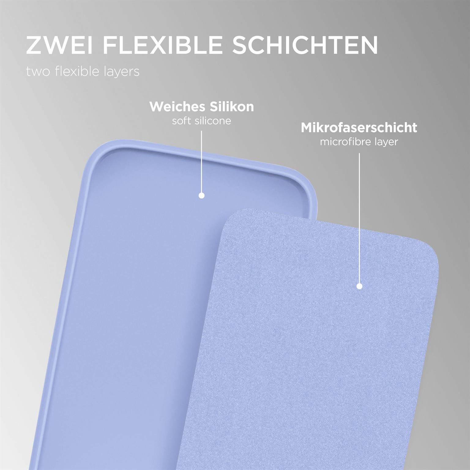 Zwei flexible Schichten einer Handyhülle: weiches Silikon und eine Mikrofaser-Schicht.