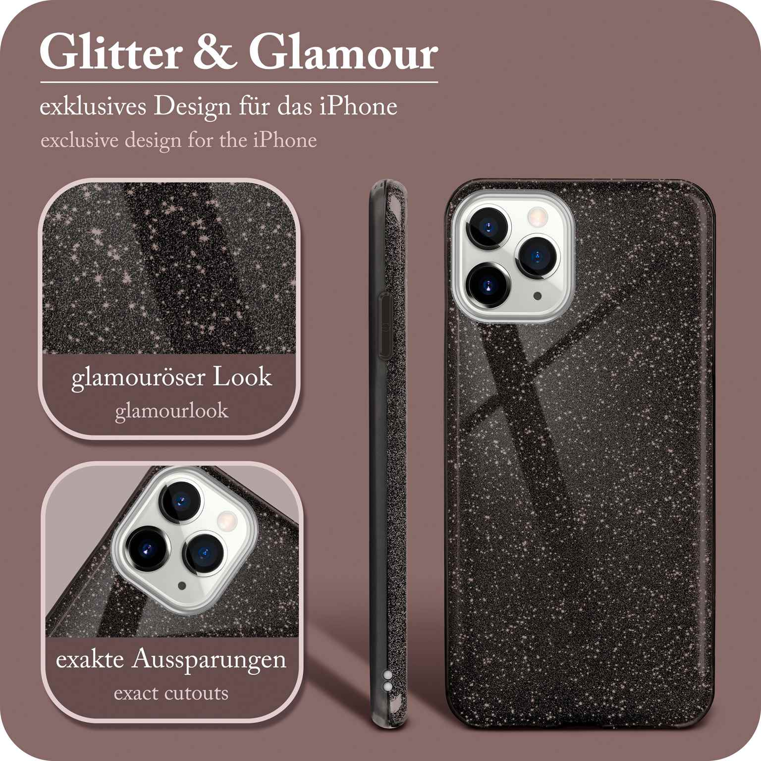 Handyhülle mit Glitzer. Vorder-, Seiten- und Draufsicht. Text: Glitter & Glamour, exklusives Design für iPhone.
