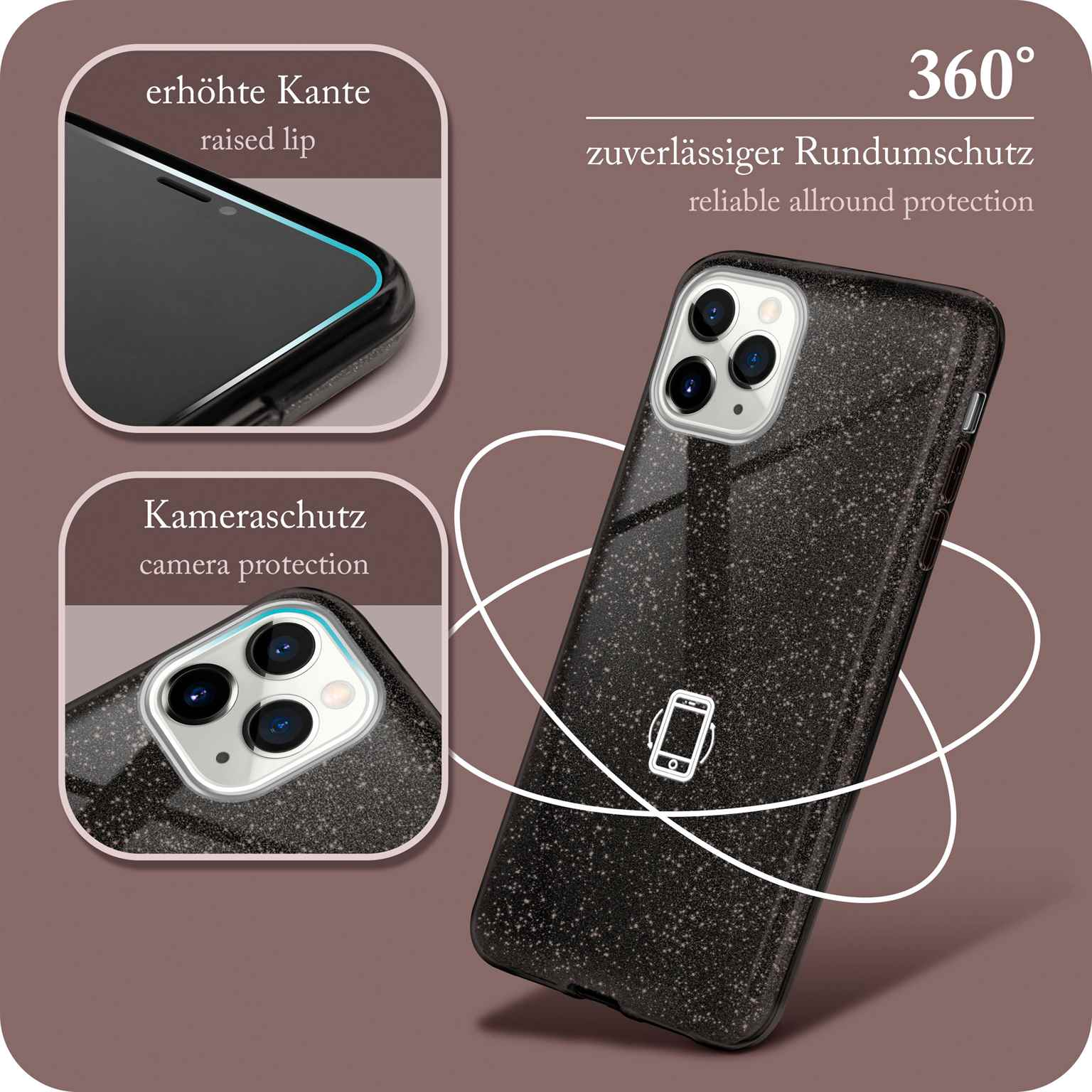 Handyhülle mit Glitzer. Erhöhte Kante und Kameraschutz für das Telefon.