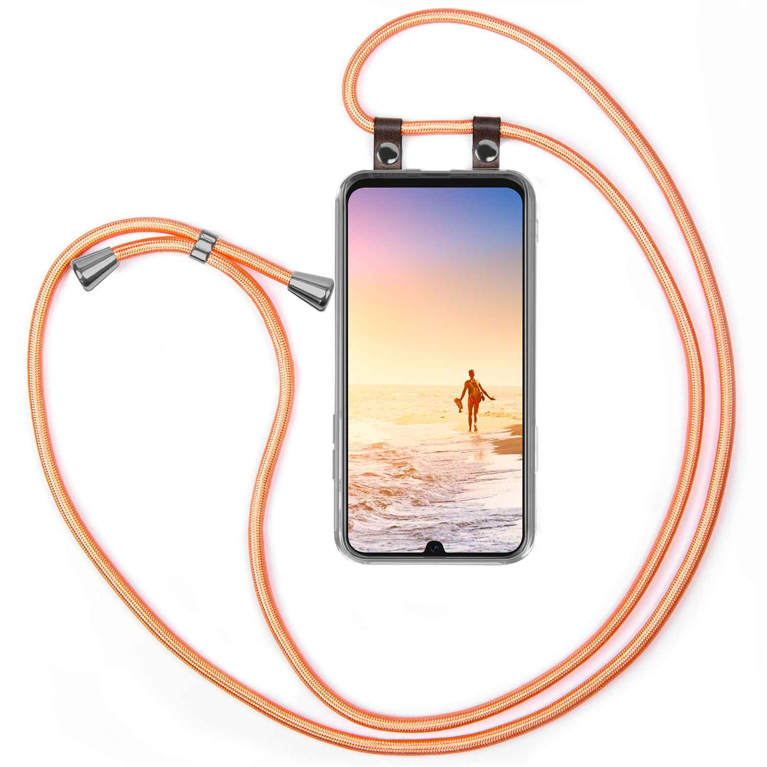 Telefon mit Person am Strand, an orangefarbenem Telefonband.