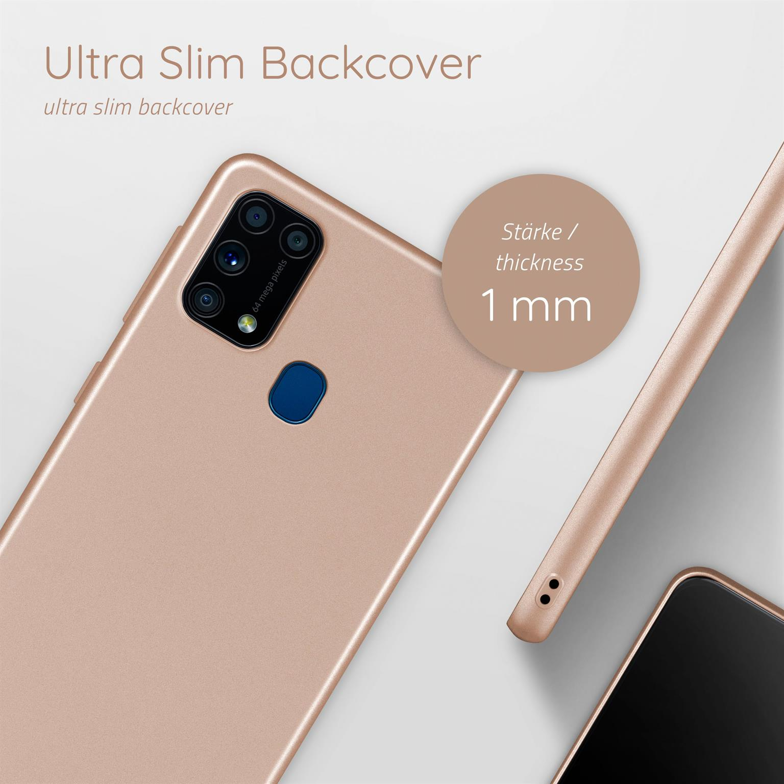 Eine Handyhülle mit dem Text 'Ultra Slim Backcover' und '1 mm'.