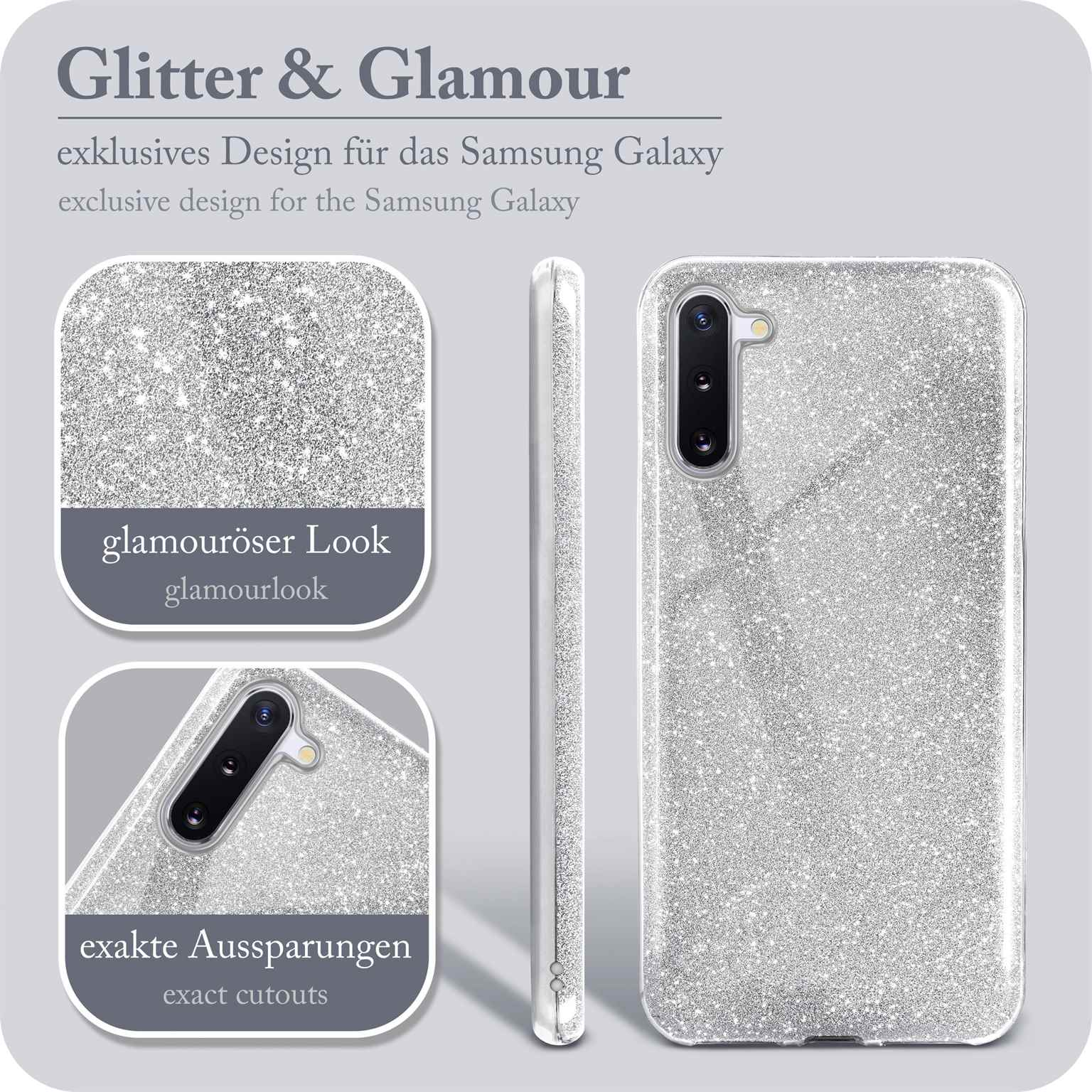 Details der Glitzer-Handyhülle. Text: 'Glitter & Glamour' und 'exklusives Design'. Weißer Hintergrund.