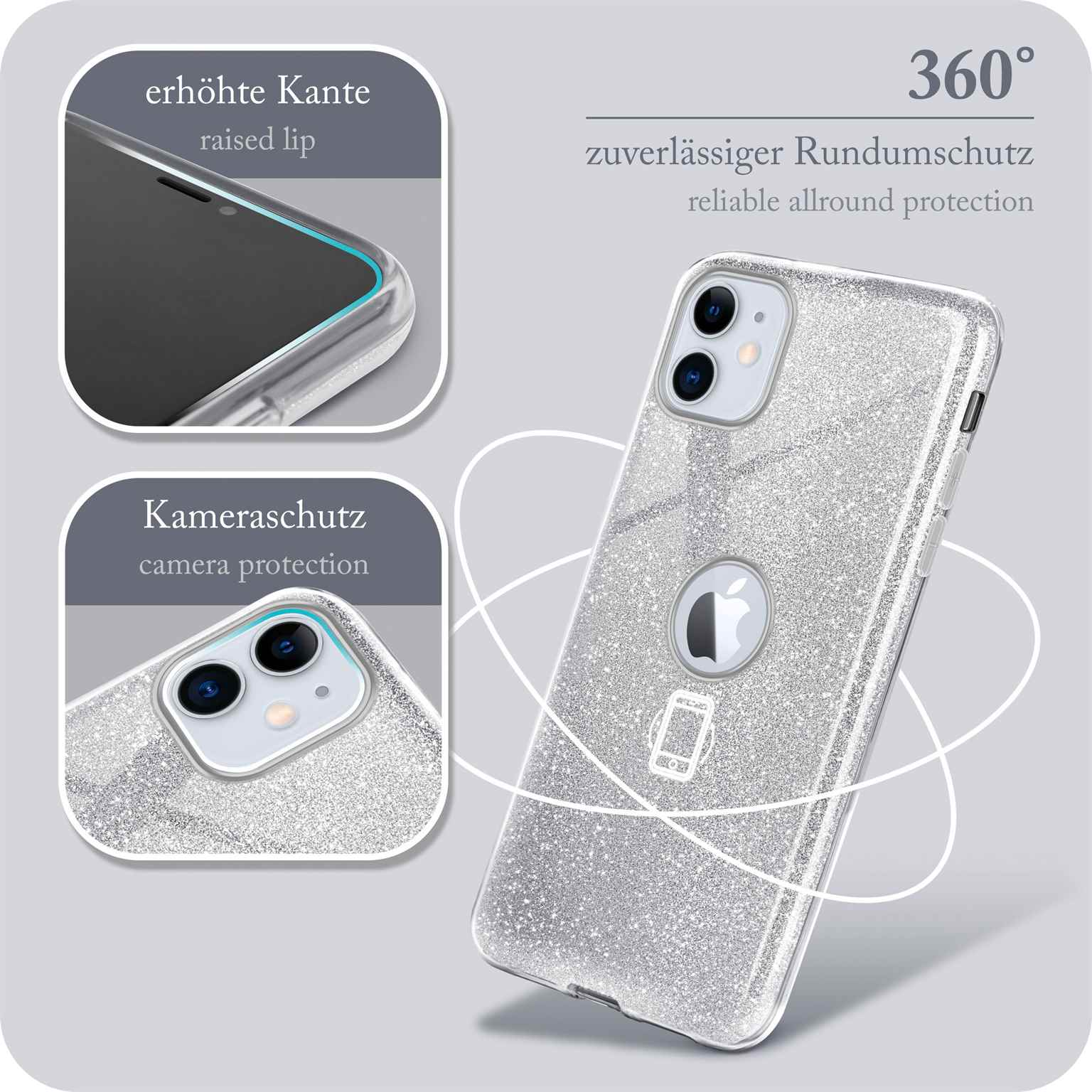 Silber glitzernde Handyhülle mit Details von erhöhten Kanten und Kameraschutz.