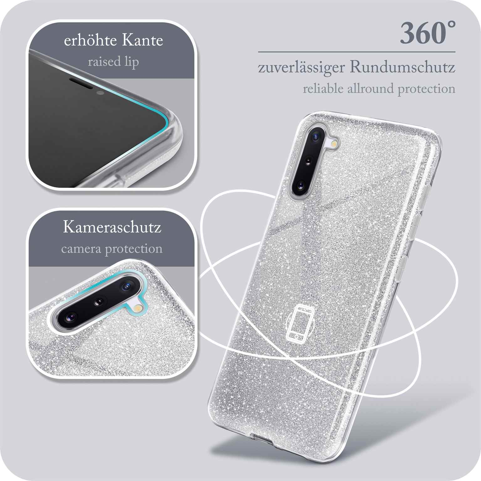 Glitzernde Handyhülle mit erhöhten Kanten. Details des Kameraschutzes werden mit dem Text '360° Schutz' gezeigt.