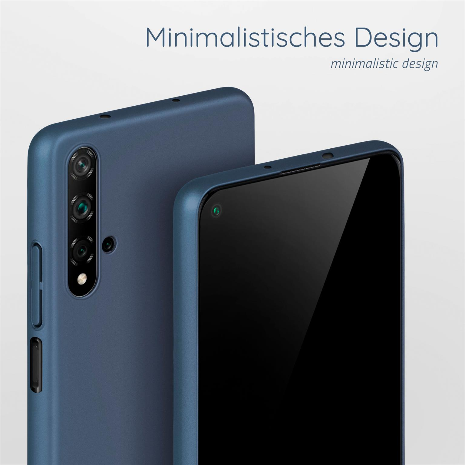 Blaue Handyhülle mit zwei Kameras. Der Text lautet 'minimalistisches Design'. Weißer Hintergrund.