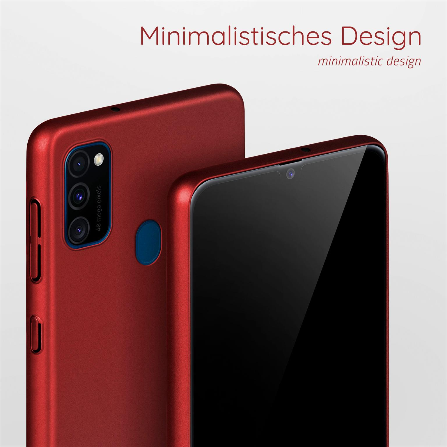 Eine rote Handyhülle und ein Telefon werden mit dem Text 'Minimalistisches Design' angezeigt.