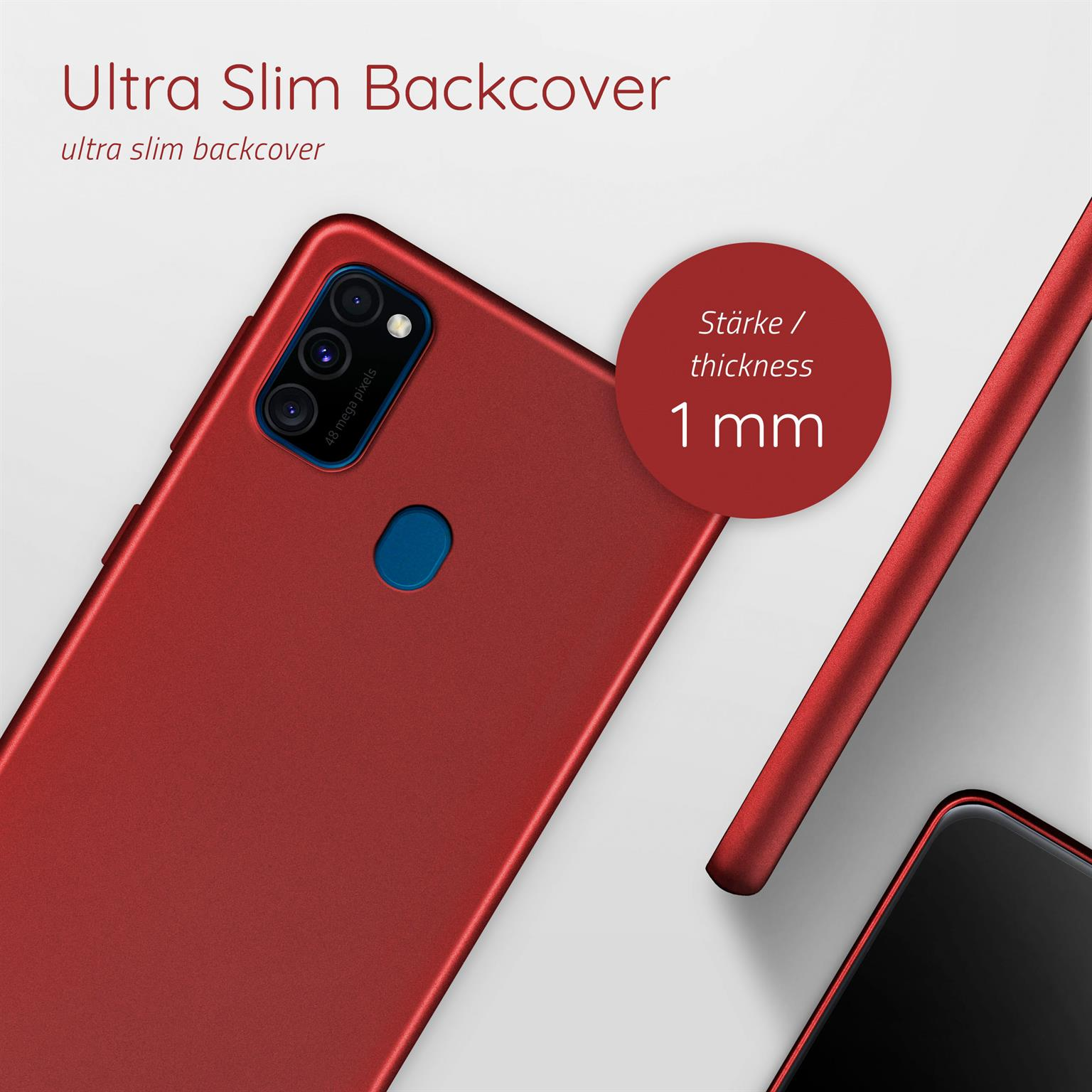 Rote Telefon-Rückseite mit 1 mm Dicke, mit Text, Ultra Slim Backcover.
