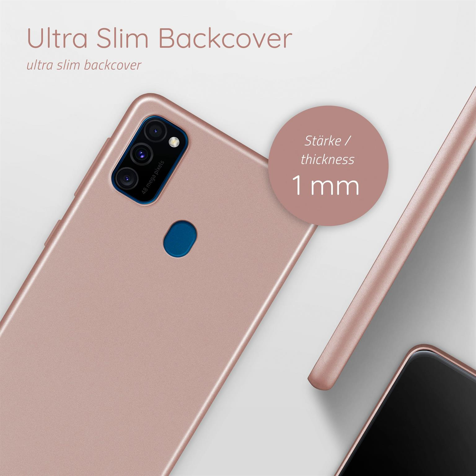 Roségoldene Handyhülle, mit Text zur Dicke von 1 mm. Zeigt Kamera und Rückseite.