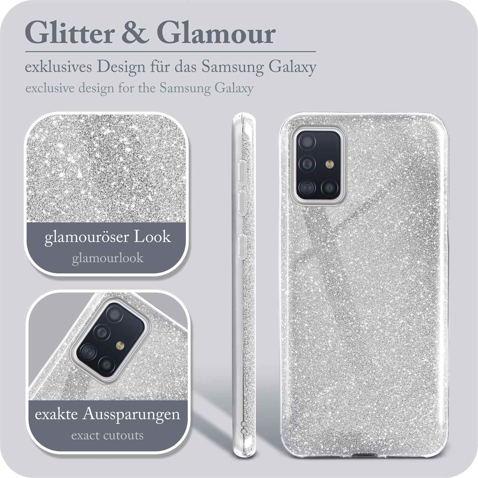 Produktübersicht für Handyhüllen. Glitzer-Design, verschiedene Ansichten. Text: Glitter & Glamour.