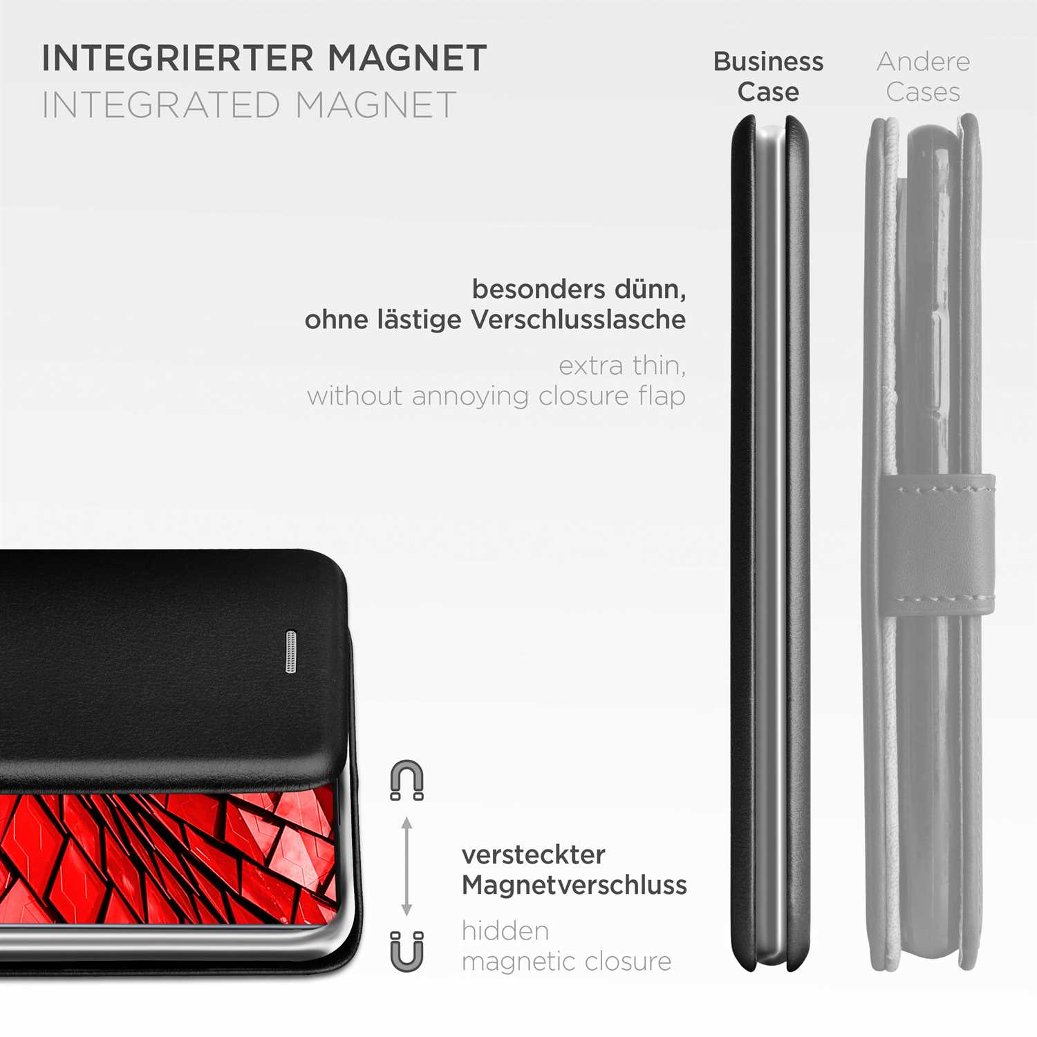 Eine schwarze Handyhülle mit roter Innenseite. Sie hat einen Magnetverschluss und ist extra dünn.