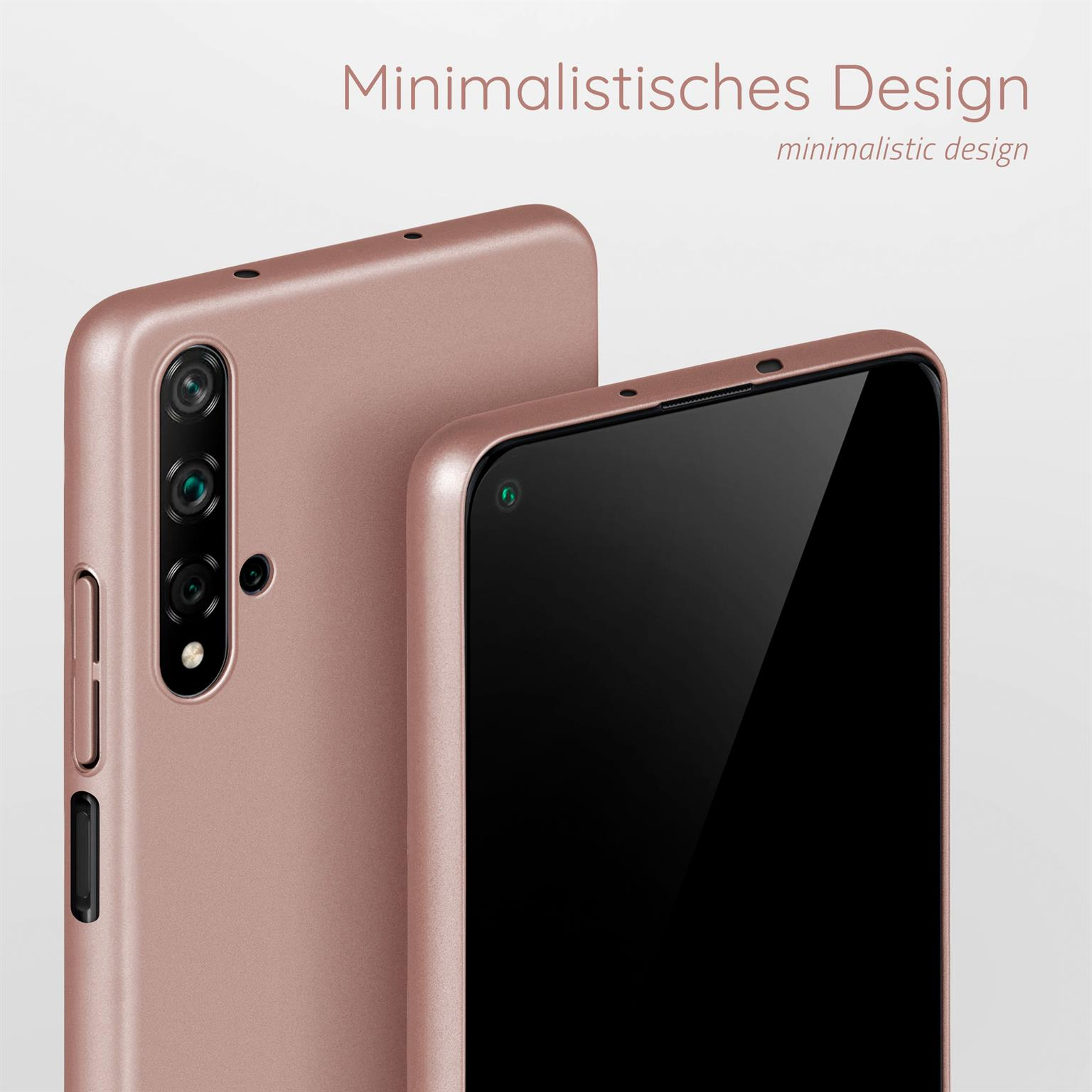 Nahaufnahme einer roségoldenen Handyhülle mit schwarzem Bildschirm vor hellem Hintergrund.