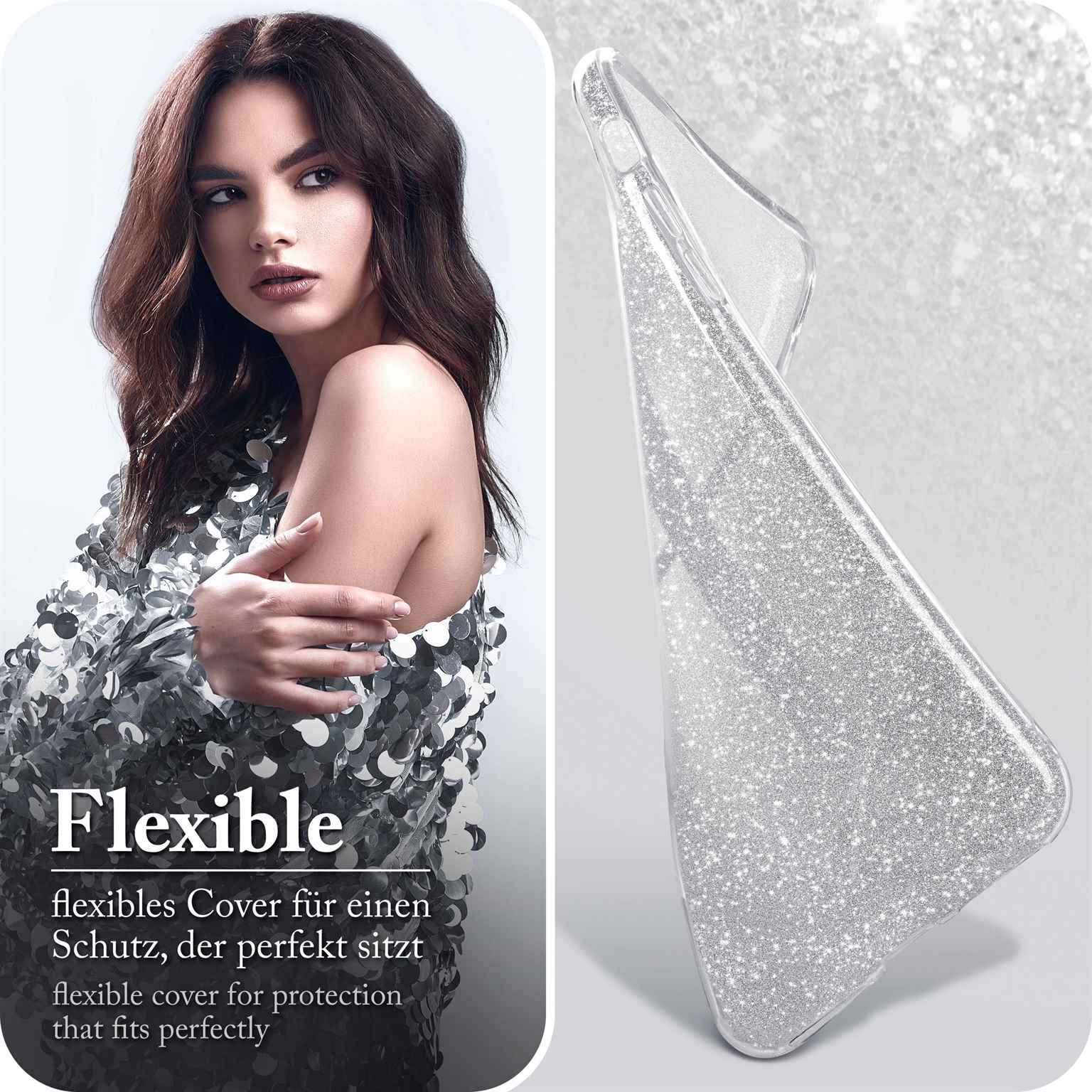 Frau mit glitzerndem Pailletten-Top, Handyhülle mit glitzernder Rückseite.