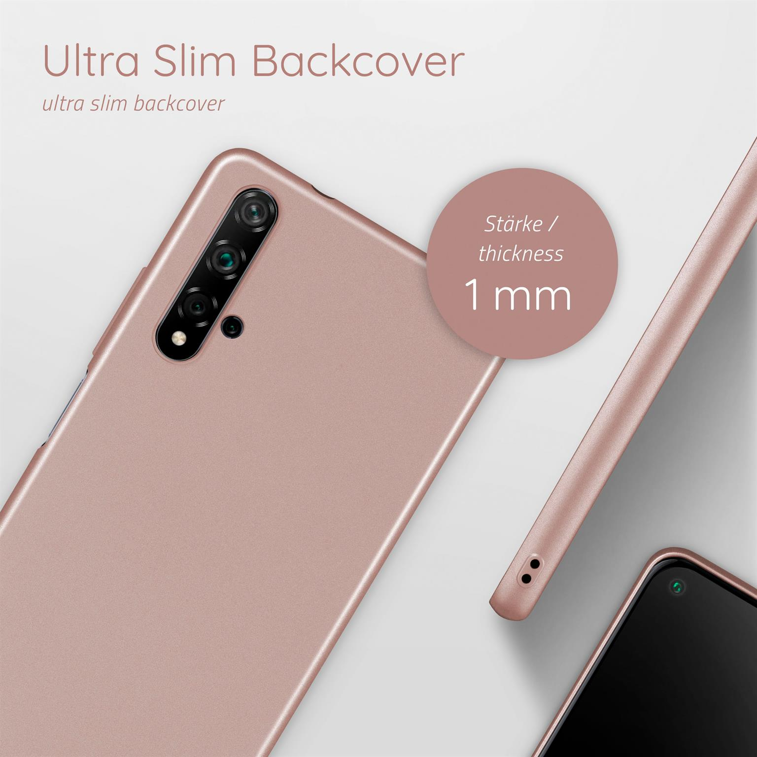 Nahaufnahme einer roségoldenen Telefonrückseite mit Text, der auf eine Dicke von 1 mm hinweist. Weißer Hintergrund.