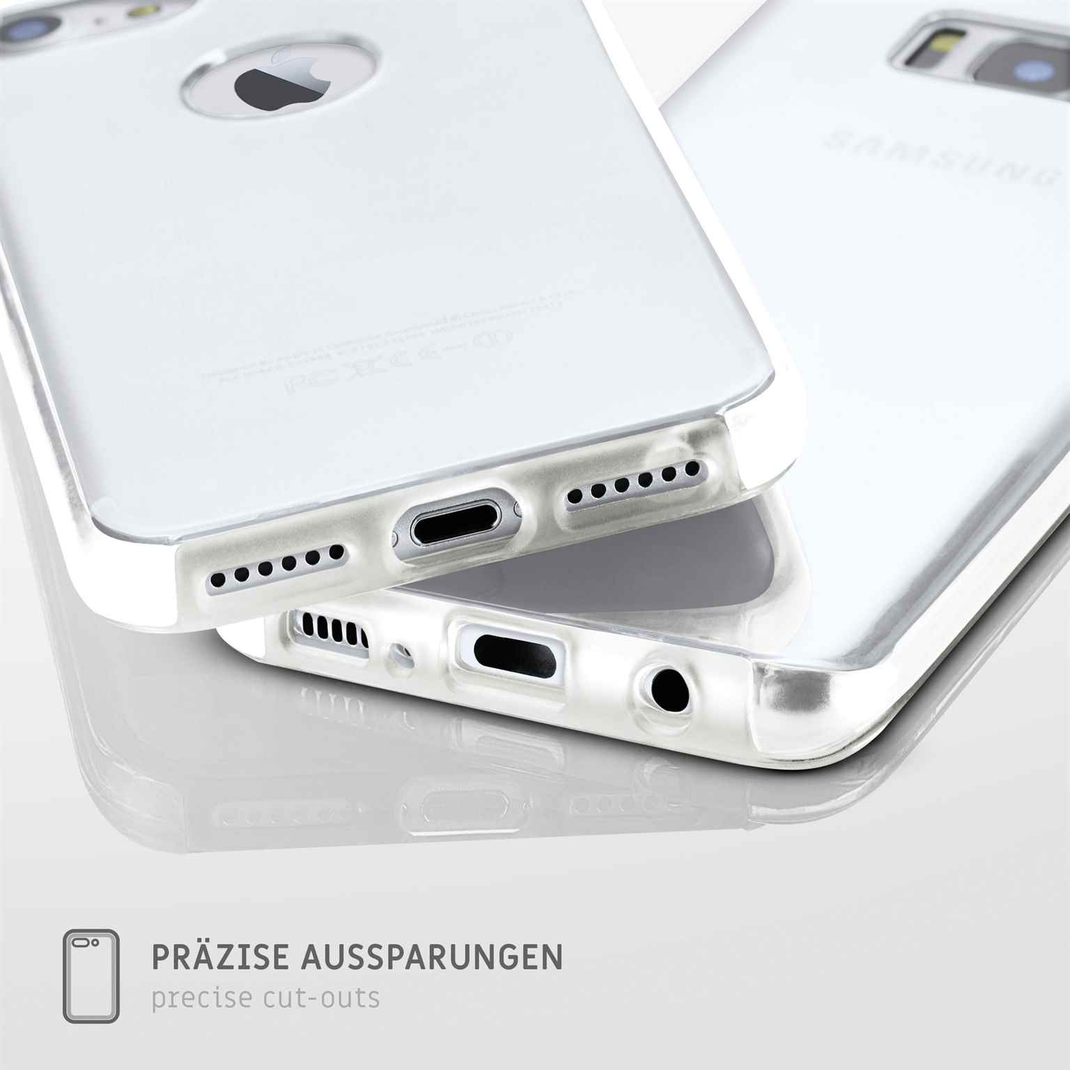Zwei transparente Handyhüllen. Eine mit dem Apple-Logo und die andere mit dem Samsung-Logo. Reflektierende Oberfläche.