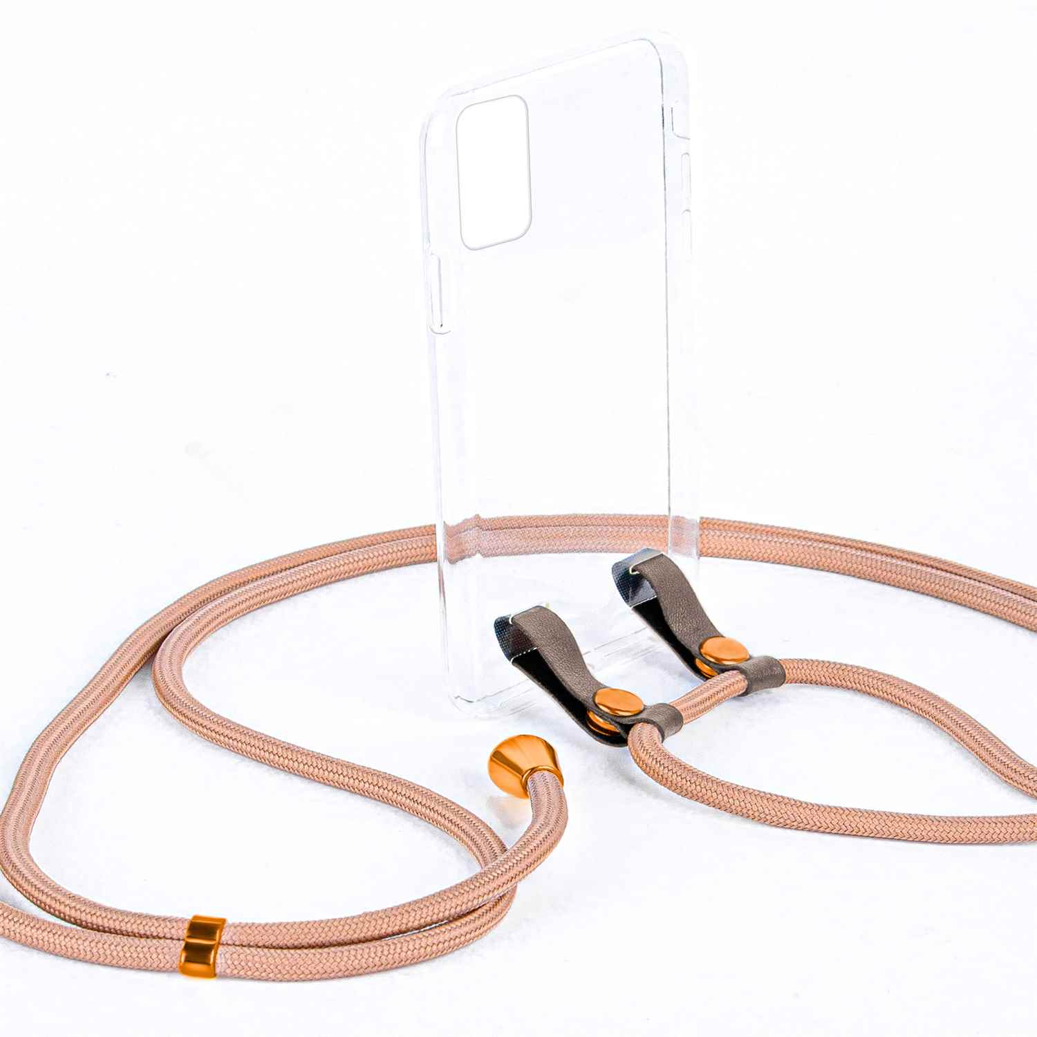 Transparente Handyhülle mit beigem Lanyard. Das Lanyard ist mit Lederdetails an der Hülle befestigt.