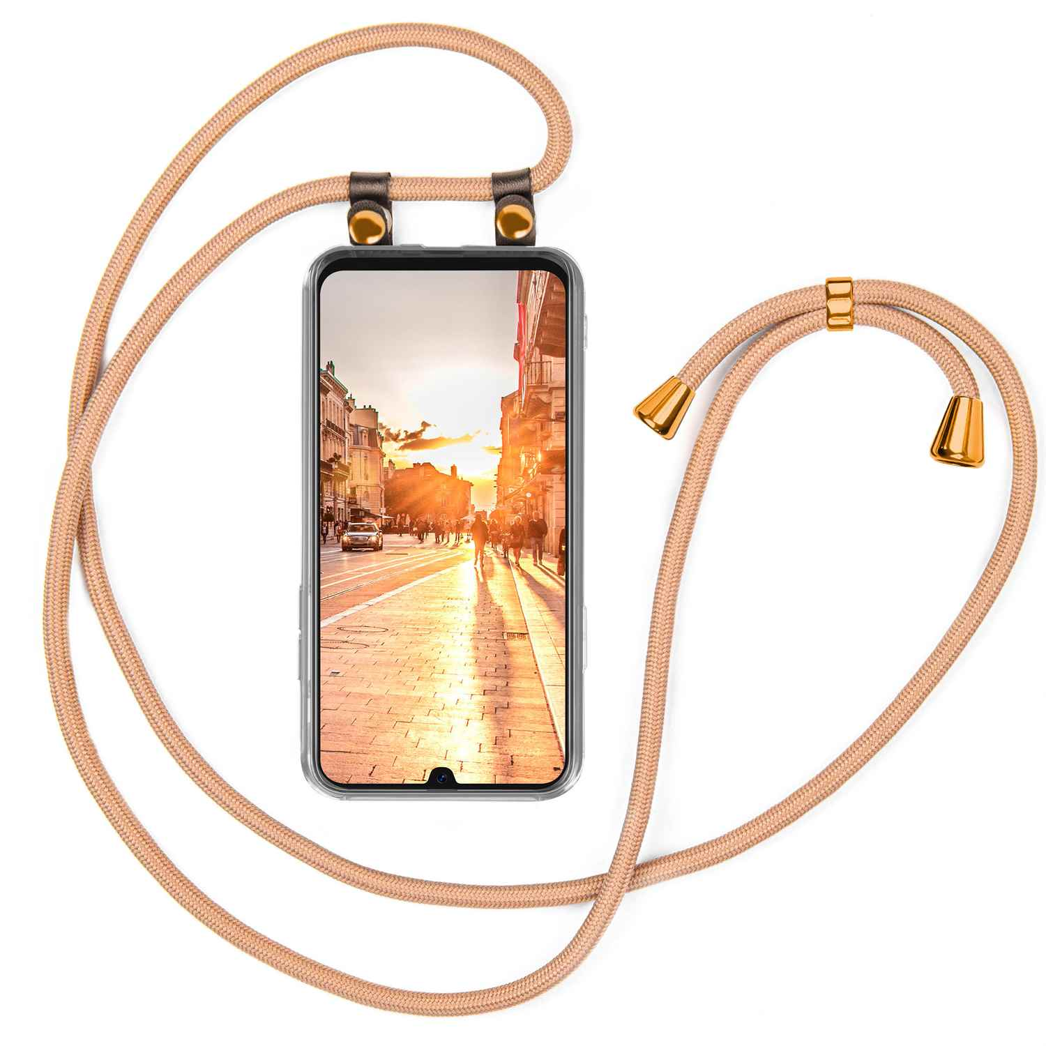 Telefon mit beigefarbenem Kabel, das einen Sonnenuntergang über einer Stadtstraße zeigt.