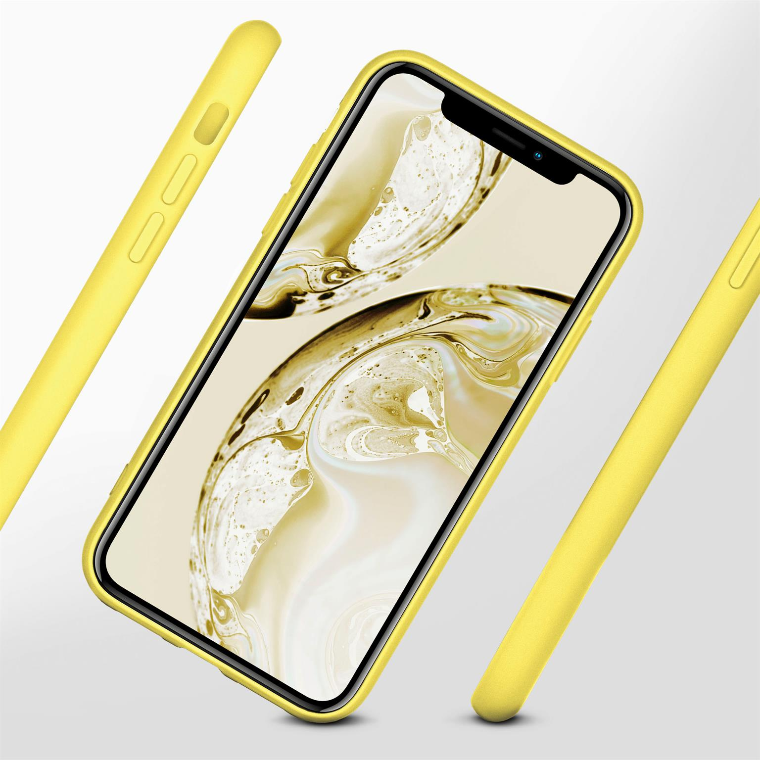 Gelbe Handyhülle mit Telefon, auf weißem Hintergrund.