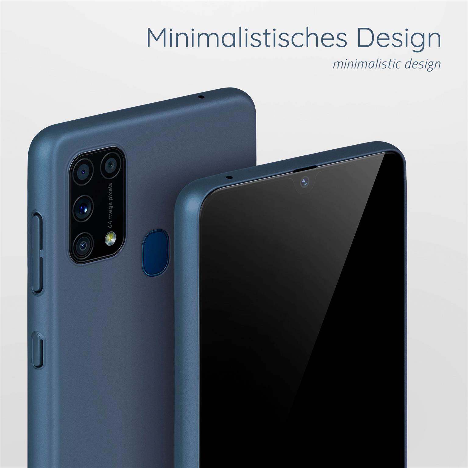 Zwei blaue Handyhüllen mit Text über minimalistisches Design. Weißer Hintergrund.