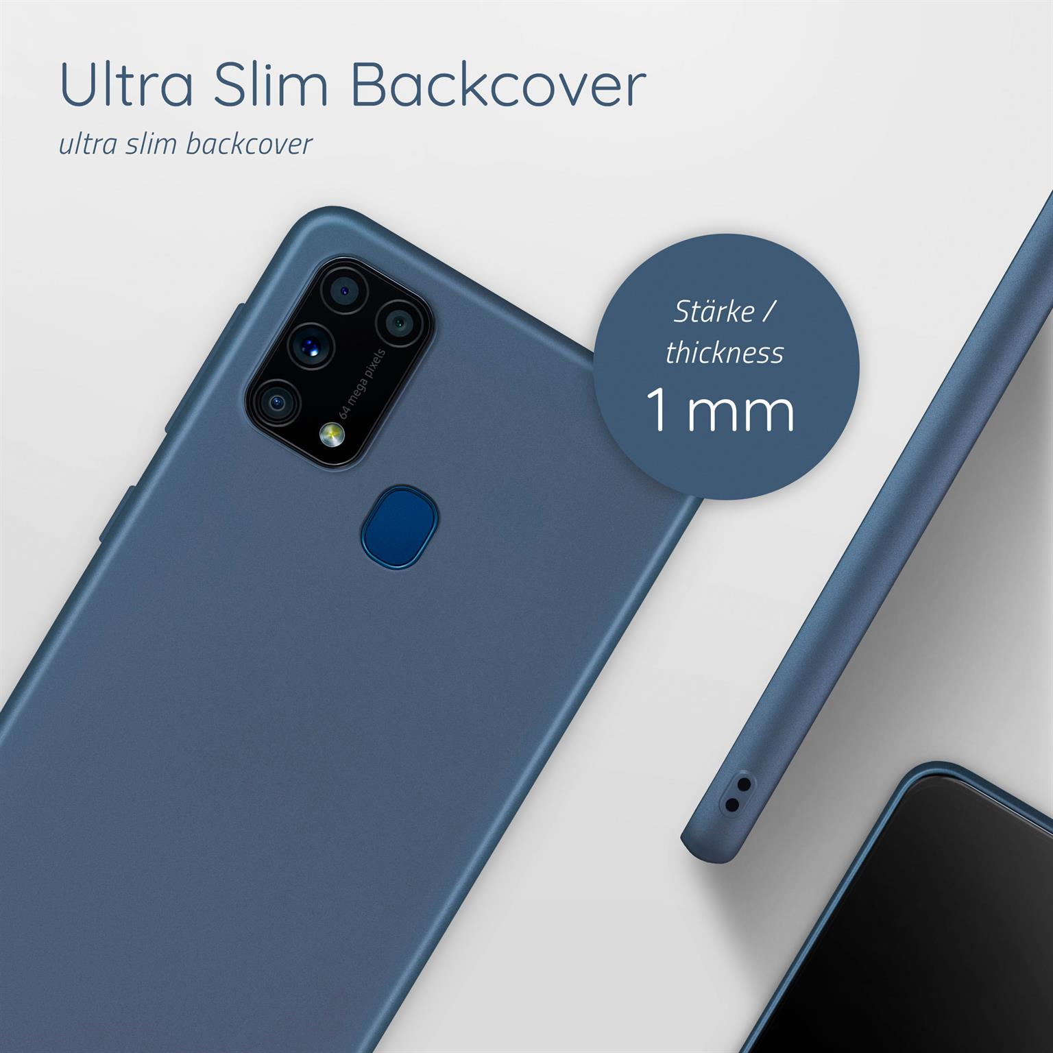 Blaue Handyhülle. Der Text lautet Ultra Slim Backcover und eine Dicke von 1 mm.