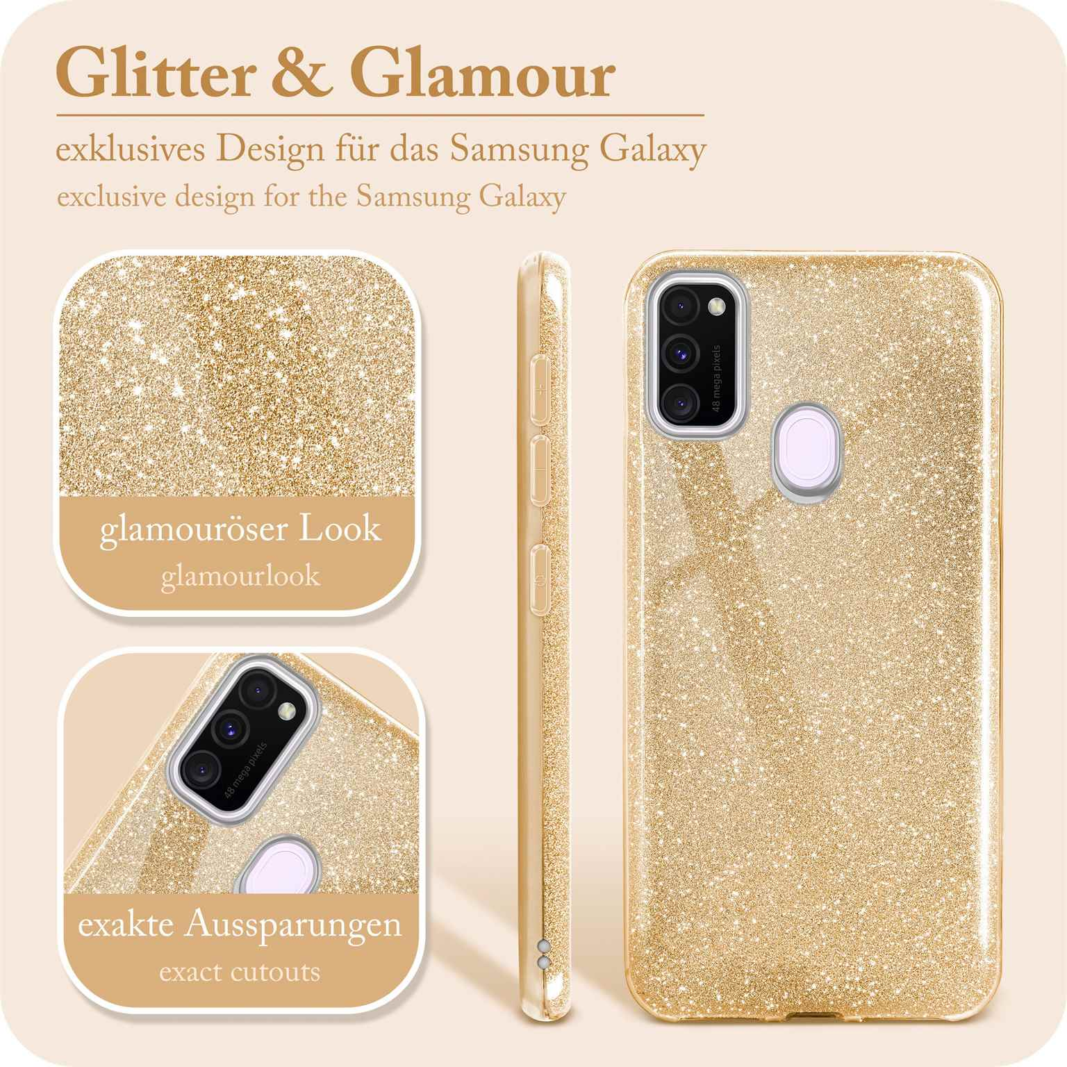 Goldene Glitzer-Handyhülle mit Glitzerdetails und Text. Es ist für Samsung Galaxy.