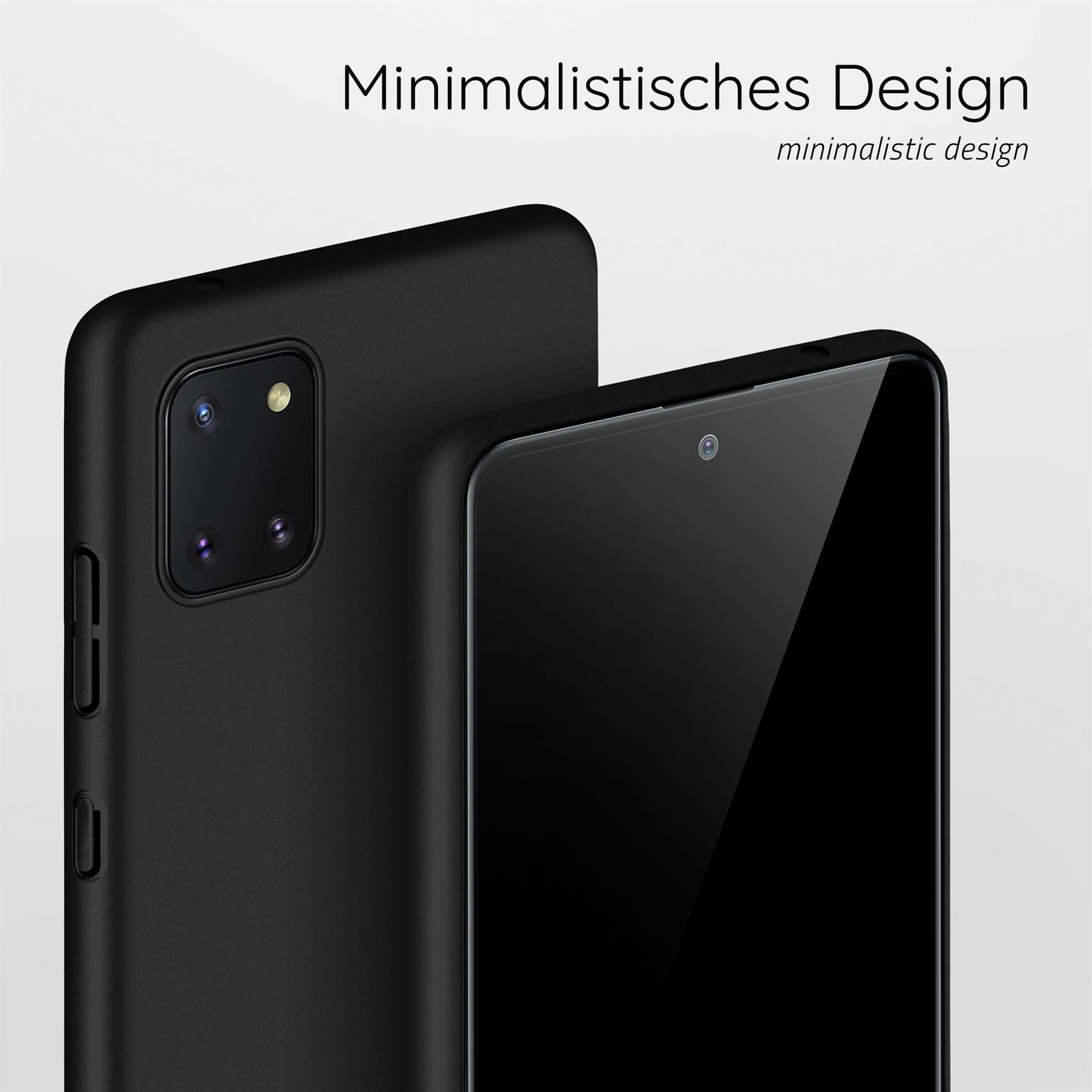 Schwarze Handyhüllen. Der Text lautet Minimalistisches Design. Der Hintergrund ist weiß.