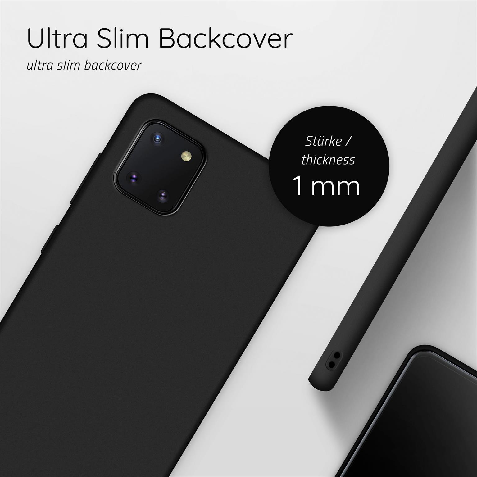 Schwarze Handyhülle mit 1mm Dicke. Die Handyhülle befindet sich auf weißem Hintergrund.