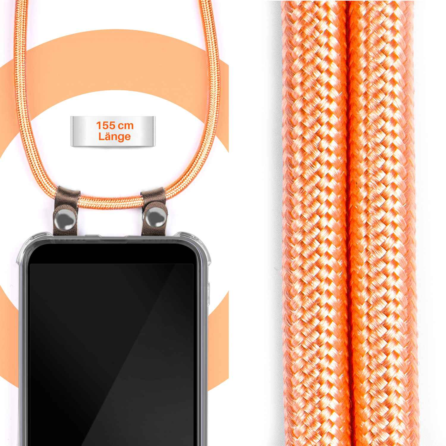 Telefon mit orangefarbenem geflochtenem Riemen, vor weißem Hintergrund, Text "155 cm Länge".