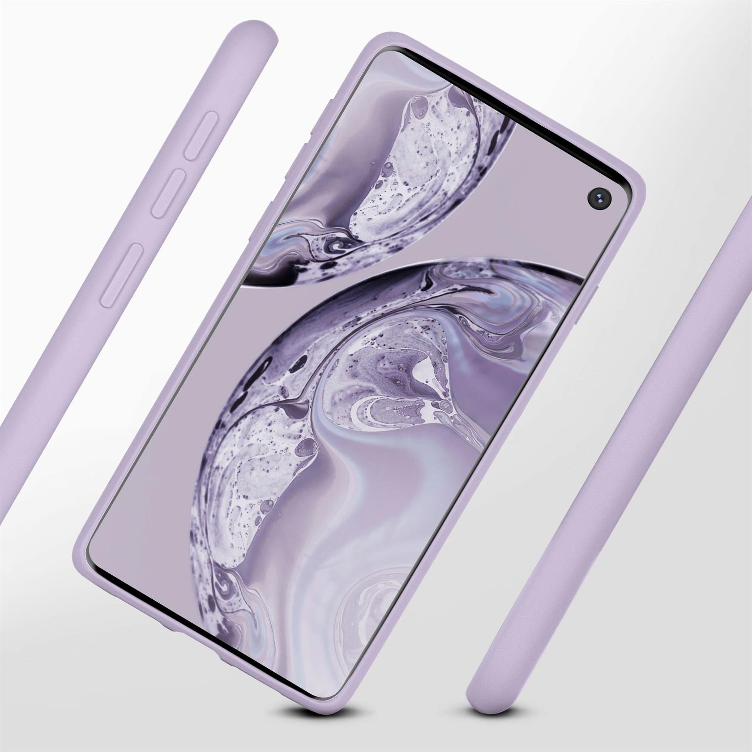 Handy und Hülle. Fliederfarbene Hülle mit Handy. Hell-lila Hintergrund, schräge Ansicht.