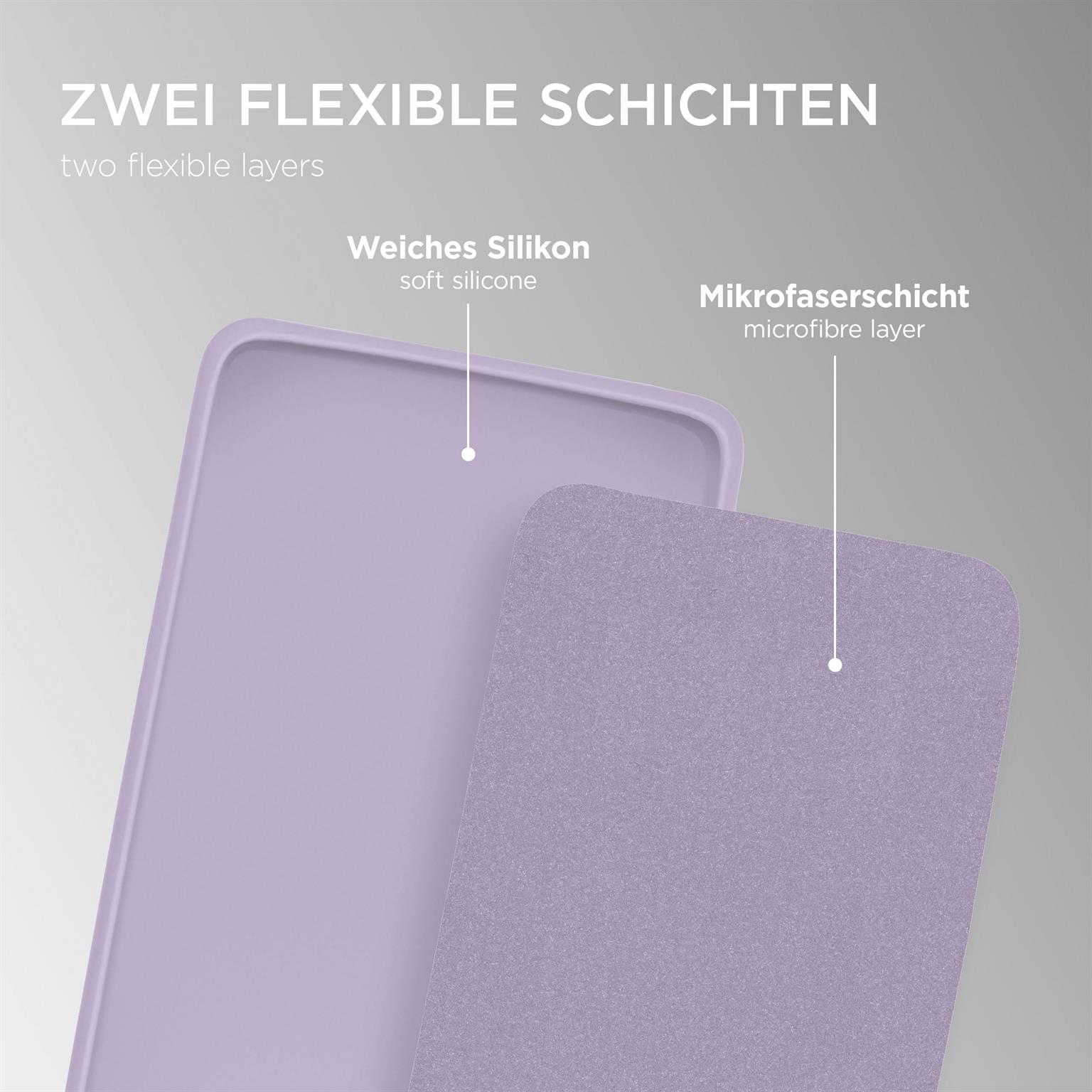 Zwei lavendelfarbene Schichten aus Handyhüllenmaterial. Text: Zwei flexible Schichten, weiches Silikon, Mikrofaser.