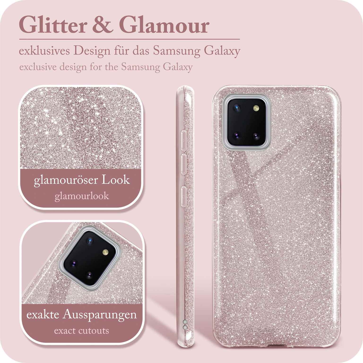 Nahaufnahme einer Handyhülle mit Glitzer und Glamour. Text: Glamouröser Look.