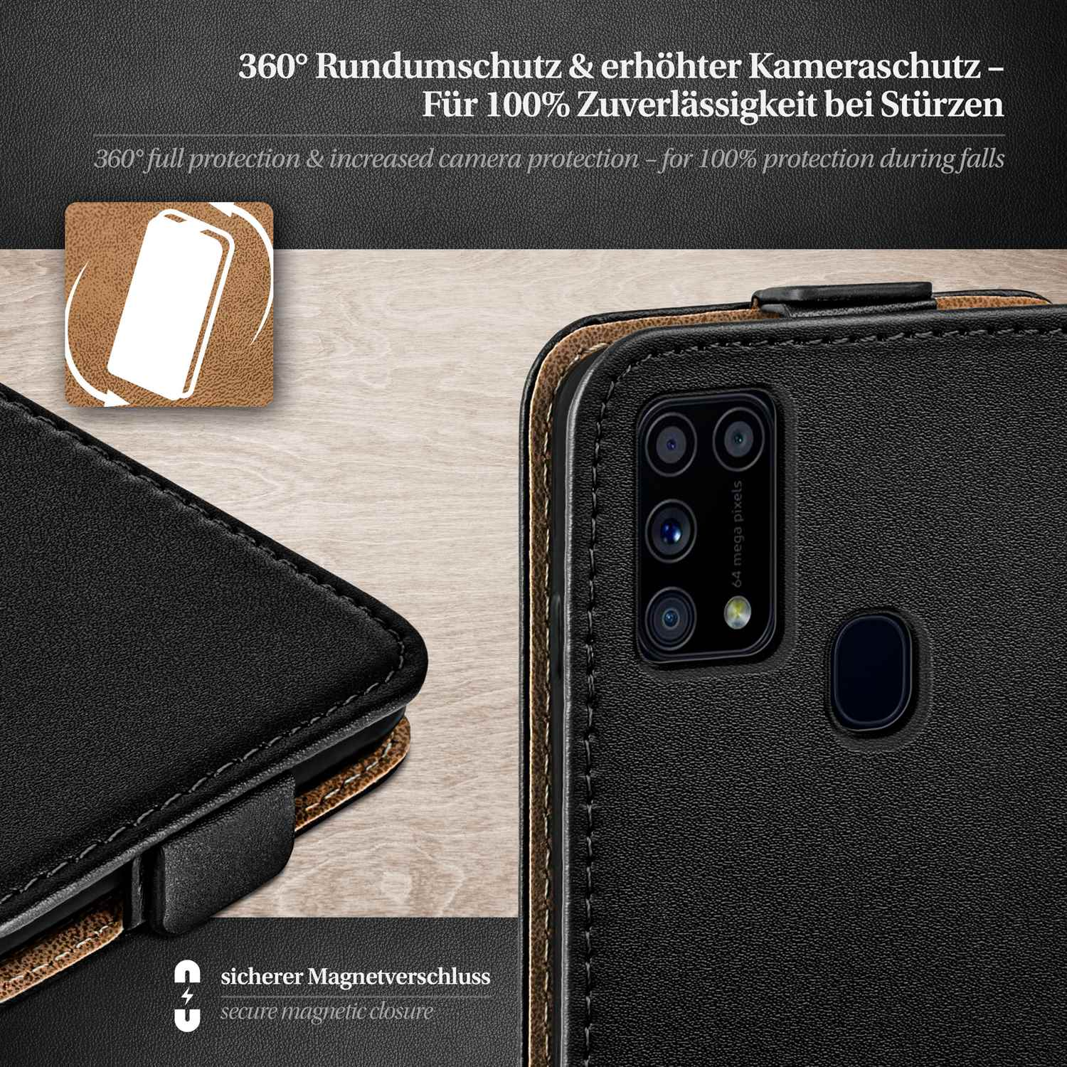 Schwarze Handyhülle mit Lederbezug, Text über Schutz. Braun und Schwarz sind sichtbar.