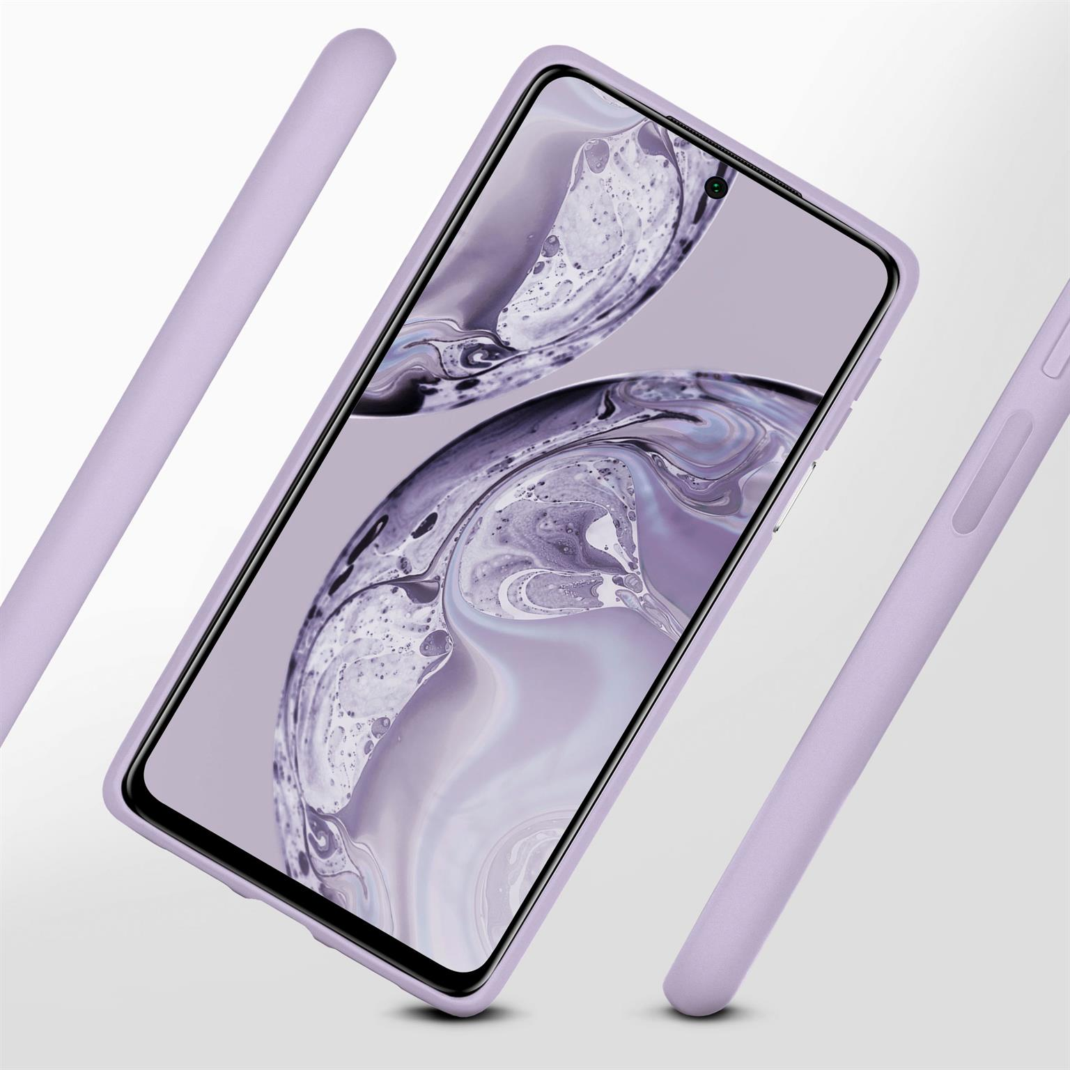 Lila Telefon in lila Hülle, mit lila Röhren drumherum. Telefonbildschirm sichtbar.