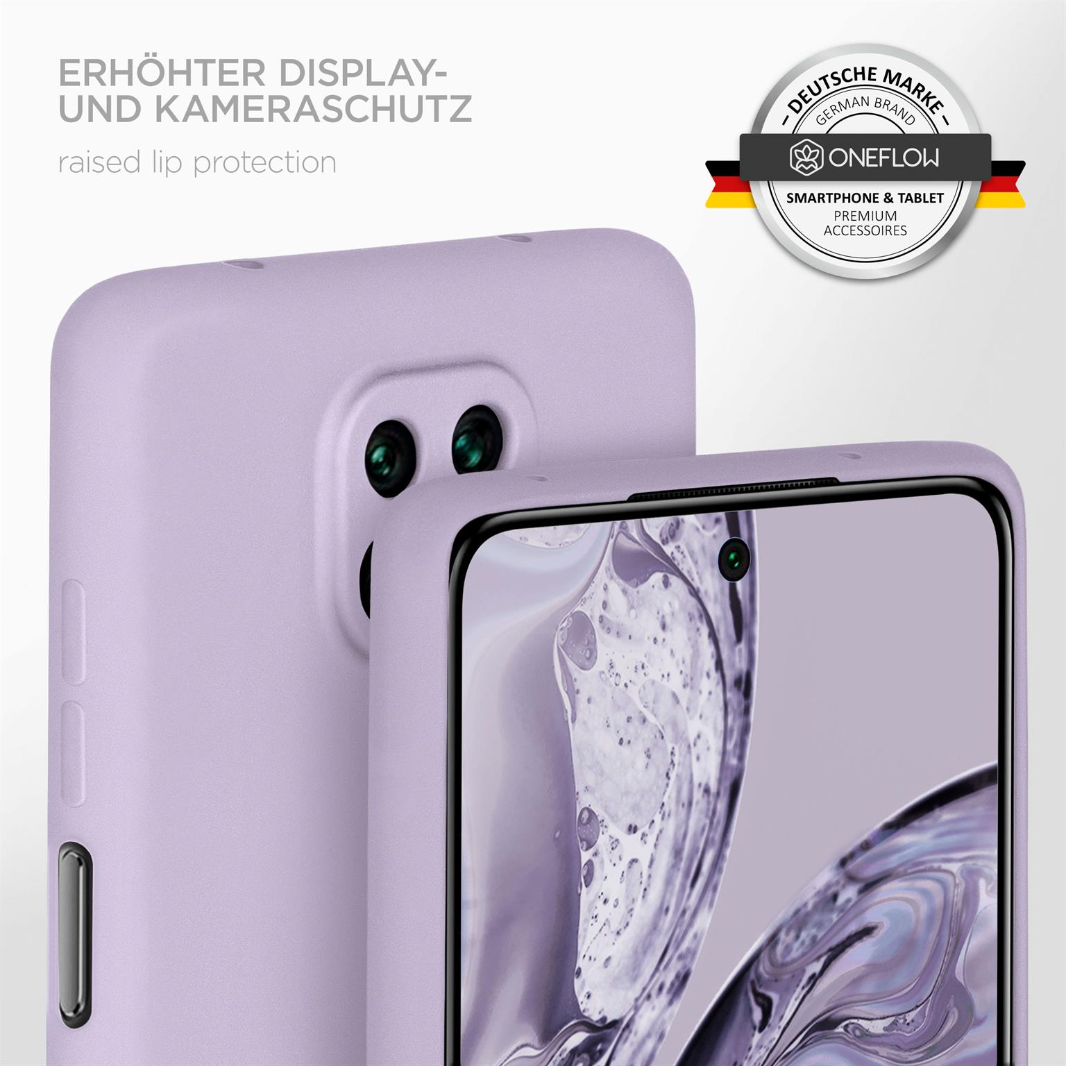 Lila Handyhülle auf einem Telefon. Die Kamera ist sichtbar.