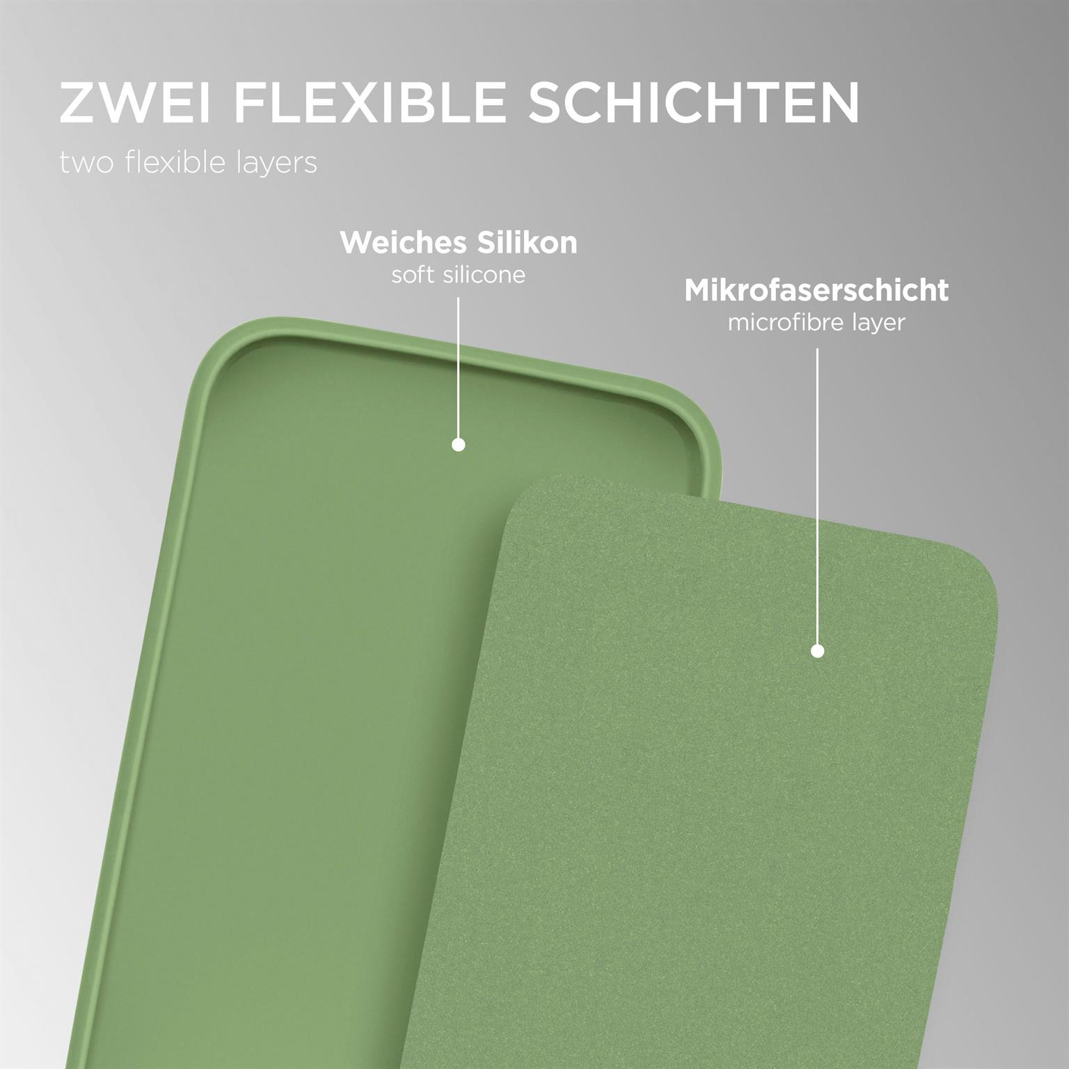 Zwei grüne Schichten, eine weiche Silikon- und eine Mikrofaserschicht.