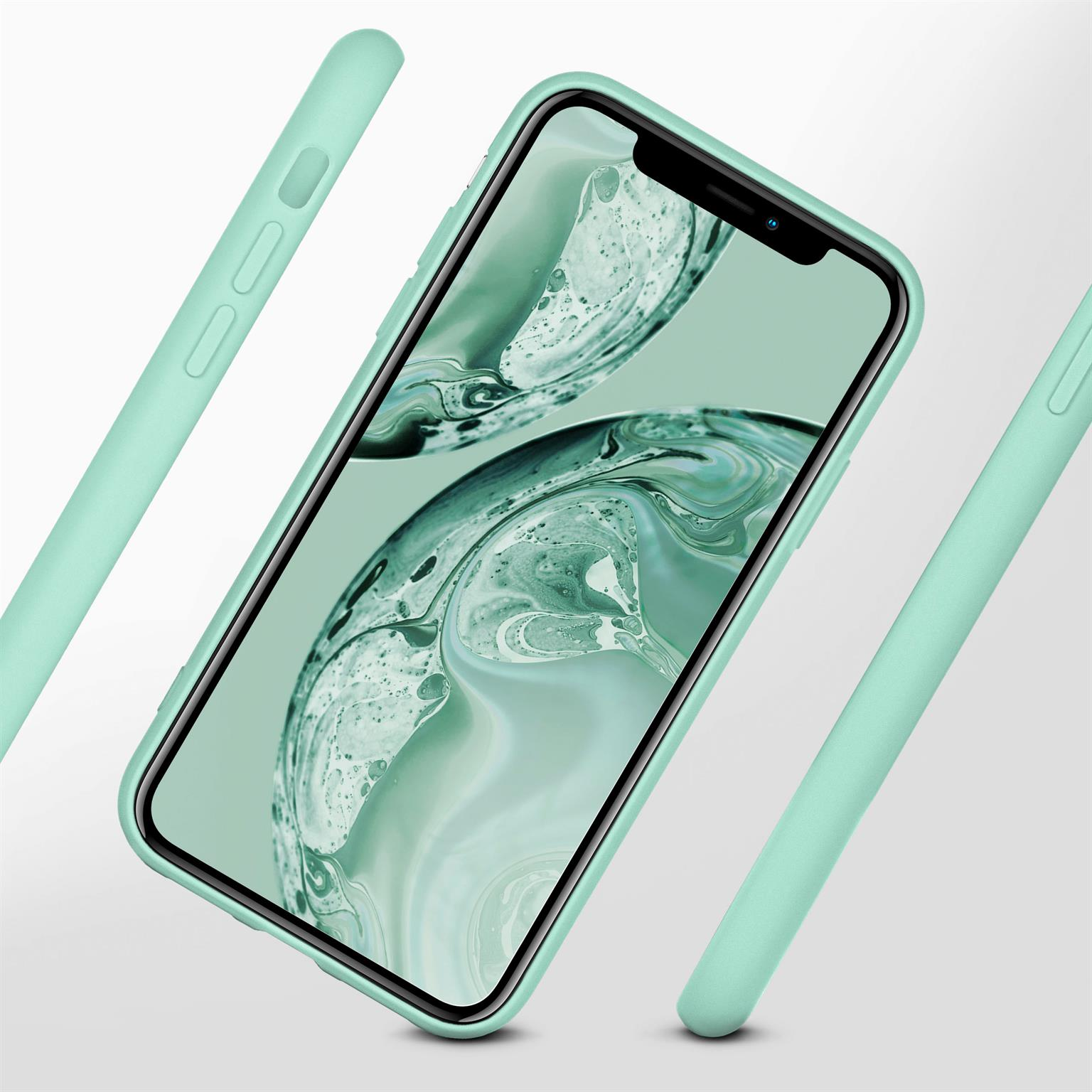 Minzfarbene Handyhülle mit einem Telefon darin. Das Telefon zeigt ein grün-weißes Bild.
