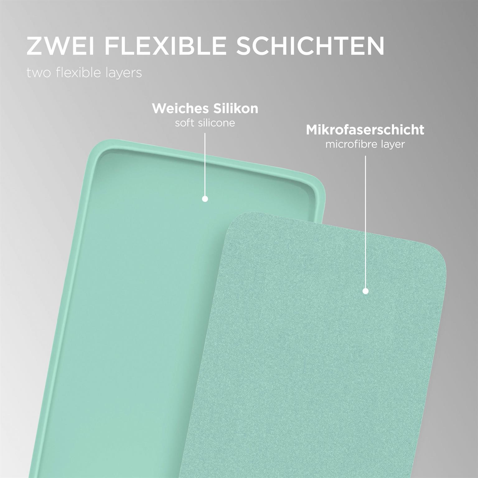 Zwei Schichten aus mintgrünem Material. Der Text lautet 'weiches Silikon' und 'Mikrofaserschicht'. Grauer Hintergrund.