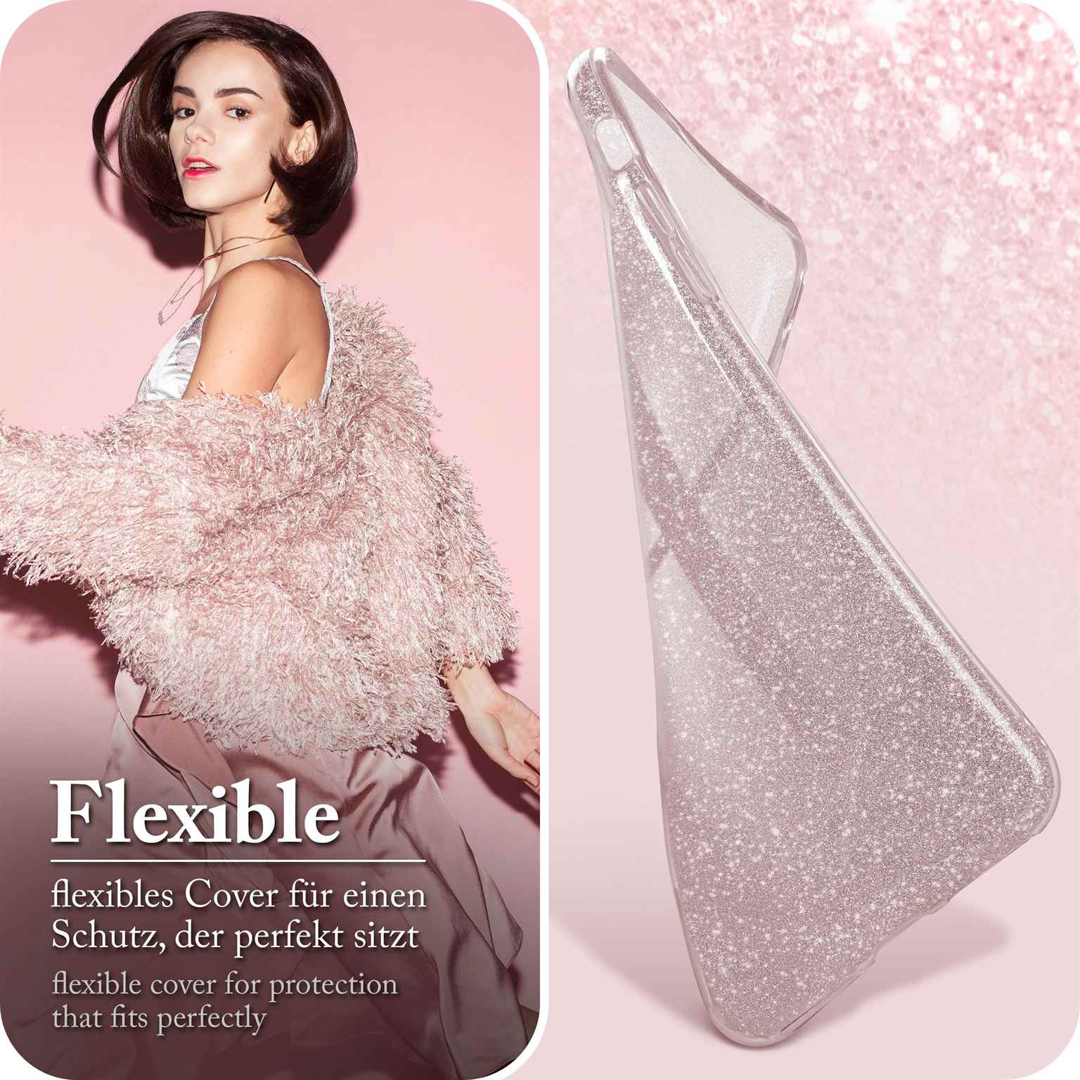 Frau mit rosa glitzernder Handyhülle. Text: Flexible Hülle für perfekten Schutz.