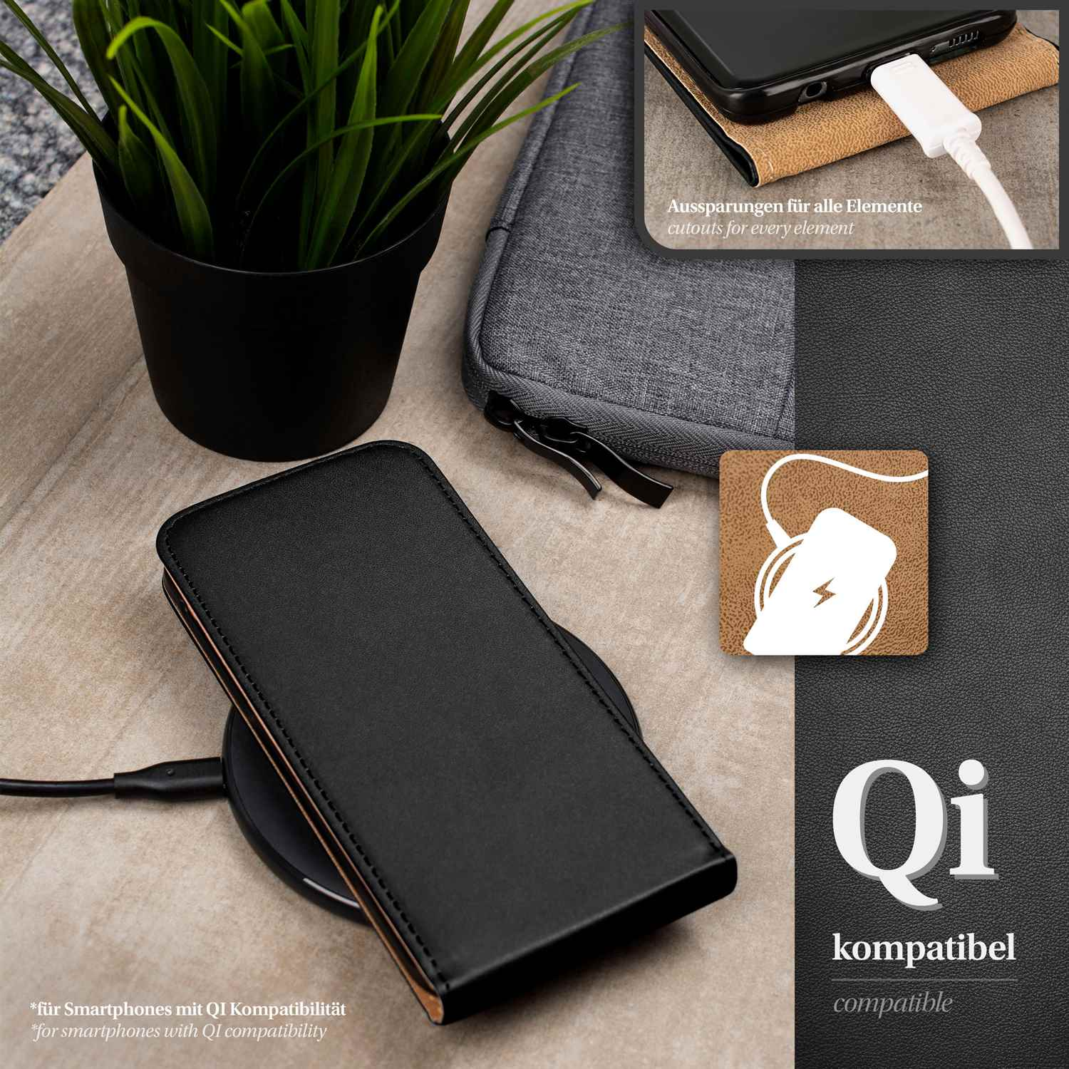 Schwarze Handyhülle auf Ladegerät und Telefon in der Hülle. Die Hülle ist aus Leder und Qi-kompatibel.