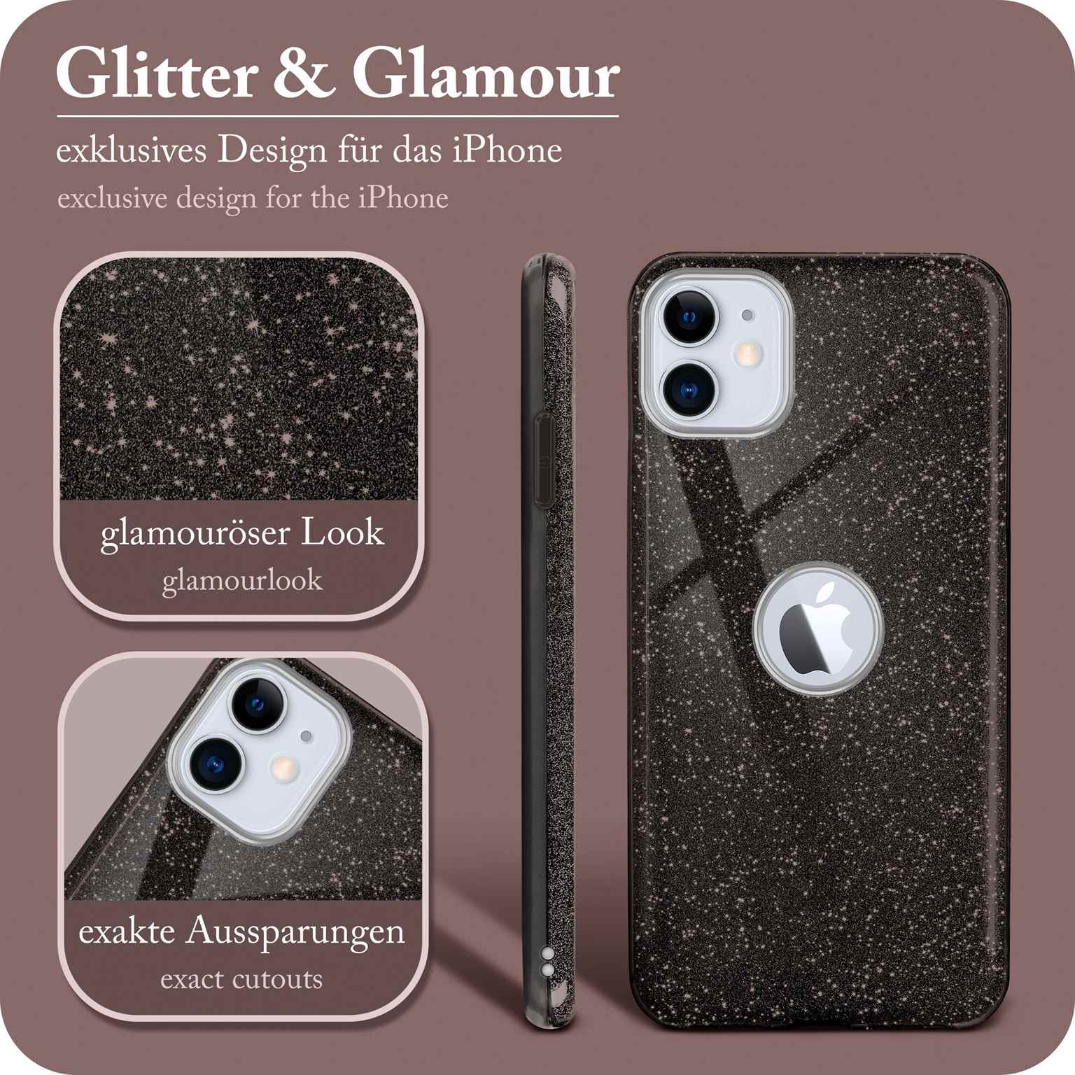 Eine schwarze Handyhülle mit Glitzereffekt. Text: Glitter & Glamour, glamouröser Look, exakte Aussparungen.