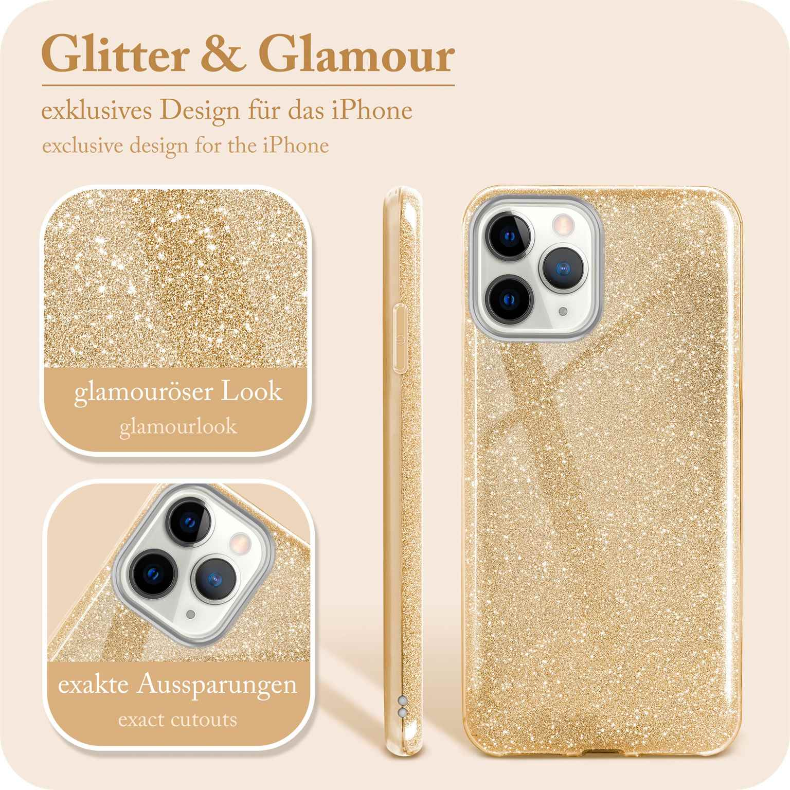 Goldglitzer-Handyhülle mit Text, ein iPhone und seine Details.